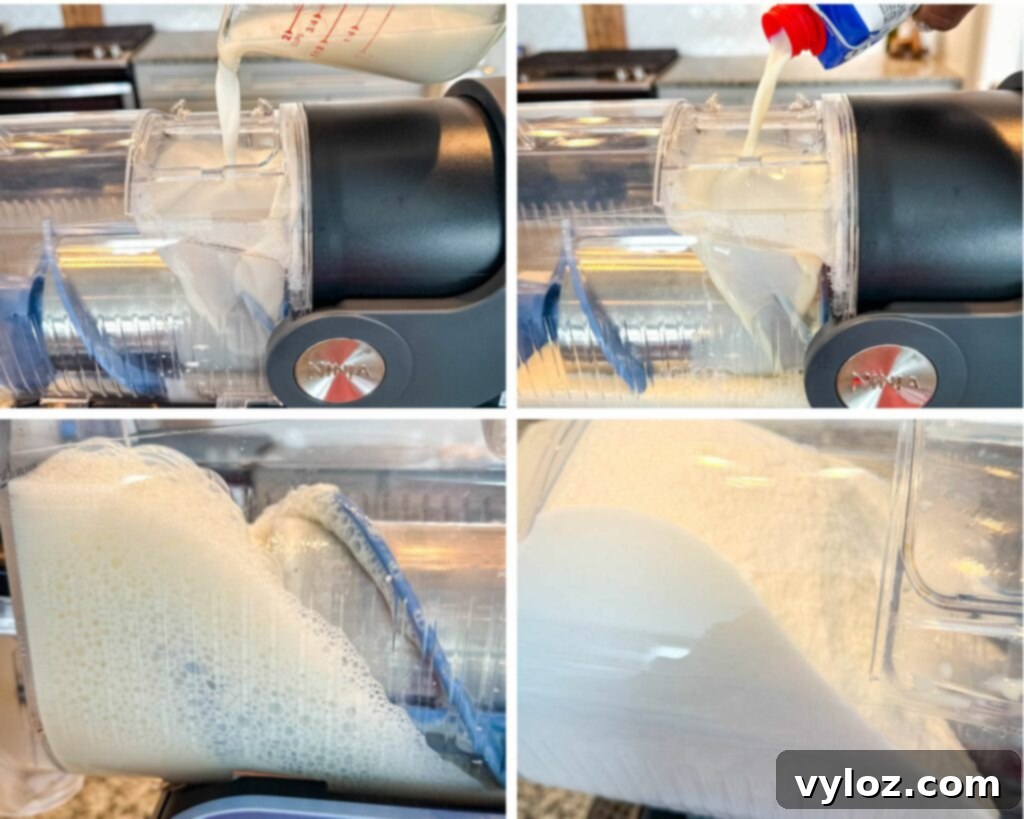 Ninja Slushi Ultimate Vanilla Peanut Butter Cup Protein Milkshake 4 Close-up of the Ninja SLUSHi machine in action, pouring milk and vanilla protein shake into the machine, showing the blending process and the smooth, creamy milkshake consistency being produced.