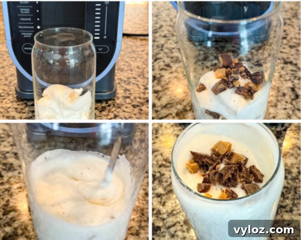 Ninja Slushi Ultimate Vanilla Peanut Butter Cup Protein Milkshake 5 Step-by-step process of making the protein milkshake using the Ninja SLUSHi machine, showing the milkshake mixture, added peanut butter cups, blending action, and the final creamy milkshake topped with chocolate chunks.