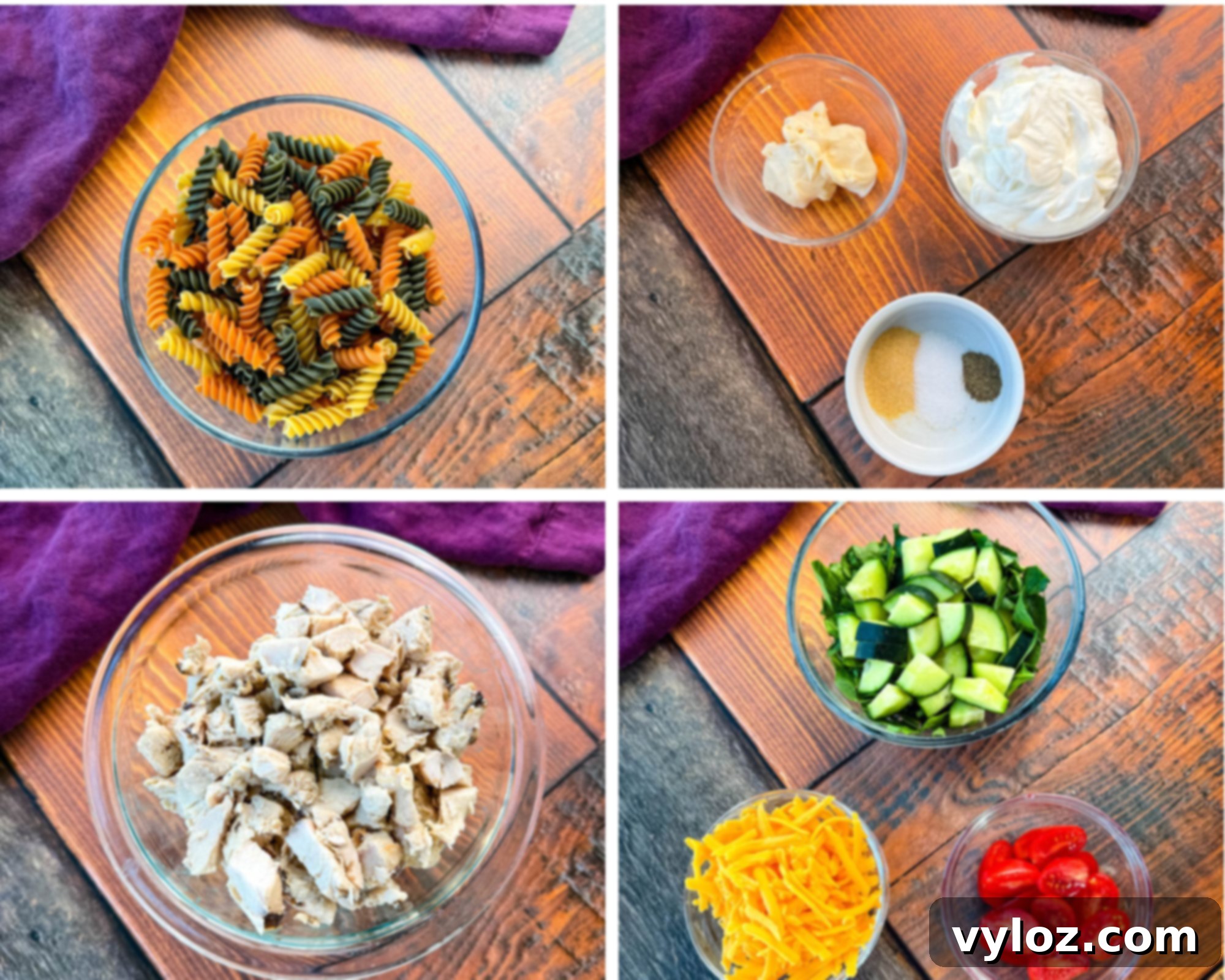 A top-down collage of fresh ingredients for High-Protein Chicken Pasta Salad, including tri-color rotini, Greek yogurt, mayonnaise, seasonings, grilled chicken, diced cucumbers, spinach, shredded cheddar, and cherry tomatoes.