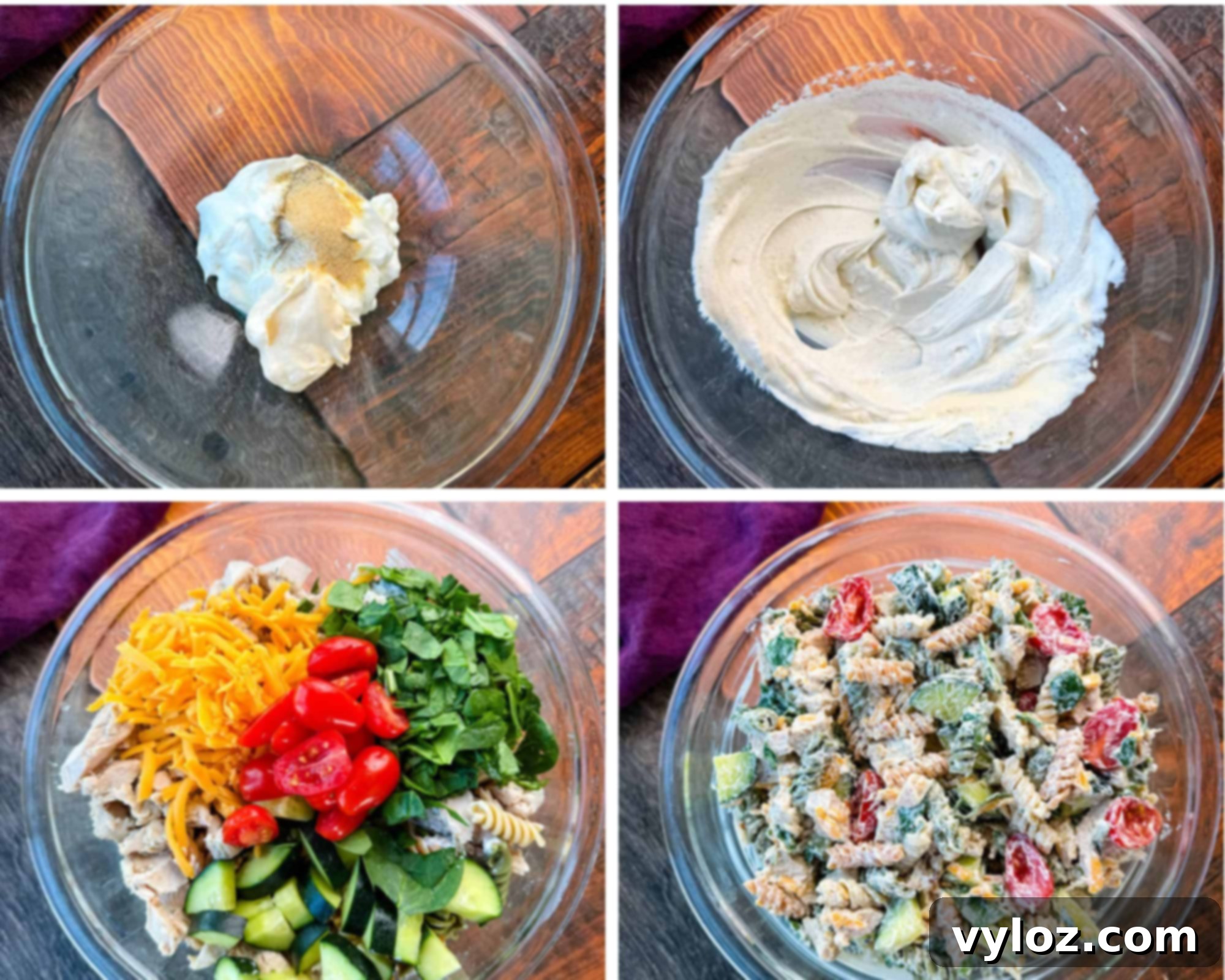A four-panel collage showing the preparation of High-Protein Chicken Pasta Salad: 1. Dressing ingredients, 2. Blended dressing, 3. Chopped chicken and vegetables, 4. All ingredients mixed in a bowl.