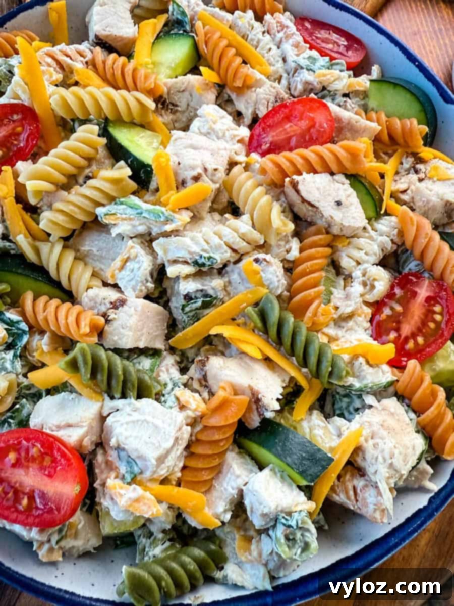 Another close-up of High-Protein Chicken Pasta Salad, highlighting its vibrant colors and creamy texture, served in a deep bowl.