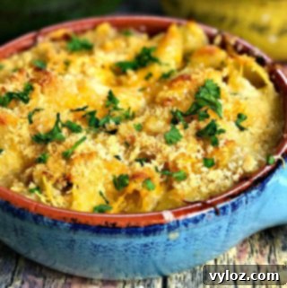 Caramelized Onion Mushroom Mac and Cheese Bake 12 Baked Macaroni and Cheese with Caramelized Onions and Mushrooms in a bowl