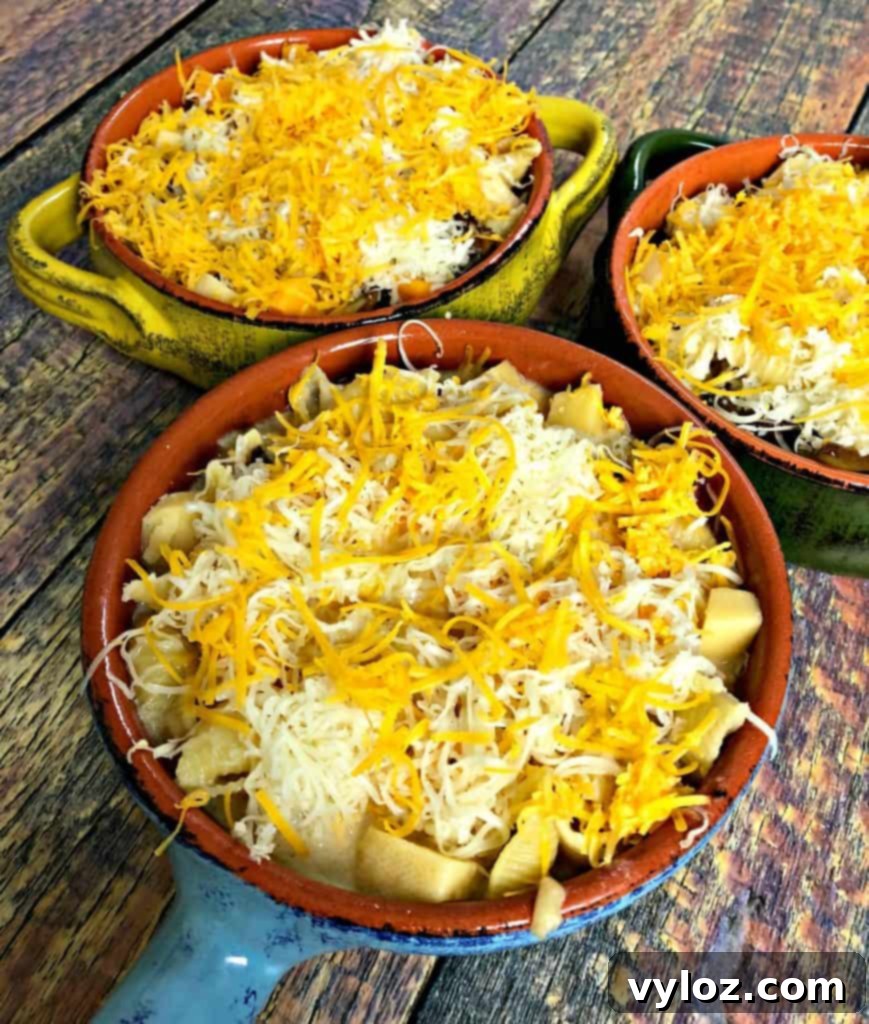 Caramelized Onion Mushroom Mac and Cheese Bake 3 Close-up of creamy Baked Macaroni and Cheese before baking, with a hint of mushroom and onion