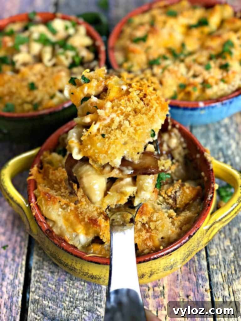 Caramelized Onion Mushroom Mac and Cheese Bake 9 Close-up of individual portion of Baked Macaroni and Cheese with onions and mushrooms