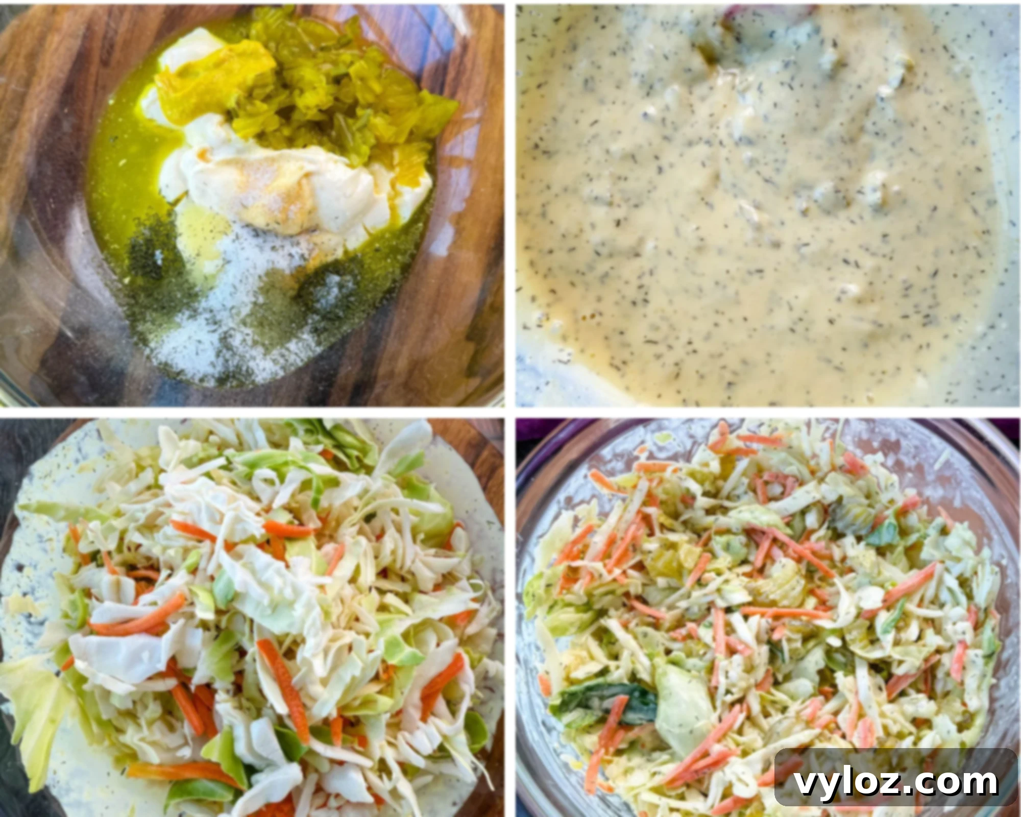 Pickle Lovers' Dream Coleslaw 5 A step-by-step collage showing the process of making Dill Pickle Coleslaw. The first image features a glass bowl with mayonnaise, pickle juice, chopped pickles, dried dill, garlic powder, and sugar. The second image shows the creamy, well-mixed dressing with flecks of dill. The third image displays a bowl of fresh shredded coleslaw mix with green cabbage, carrots, and purple cabbage. The final image reveals the fully mixed coleslaw, coated in the creamy dill pickle dressing with visible pieces of pickles and shredded vegetables.