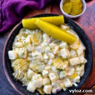 Dill-icious Creamy Potato Salad 12 A close-up image of a bowl of creamy dill pickle potato salad. The salad features cubed potatoes, diced pickles, red onion, celery, and fresh dill, all coated in a creamy dressing. The dish is garnished with sliced pickles and served in a black speckled bowl, with a background of a purple cloth and a small dish of pickles.