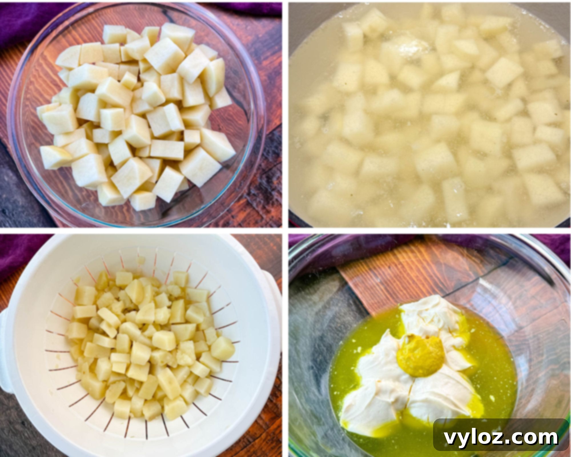 Dill-icious Creamy Potato Salad 6 A step-by-step collage of potato preparation for dill pickle potato salad. The first image shows peeled and cubed raw potatoes in a glass bowl. The second image captures the potatoes boiling in water. The third image displays drained and slightly softened cooked potatoes in a strainer. The fourth image showcases the base dressing ingredients, including mayonnaise, mustard, and pickle juice, in a glass mixing bowl.