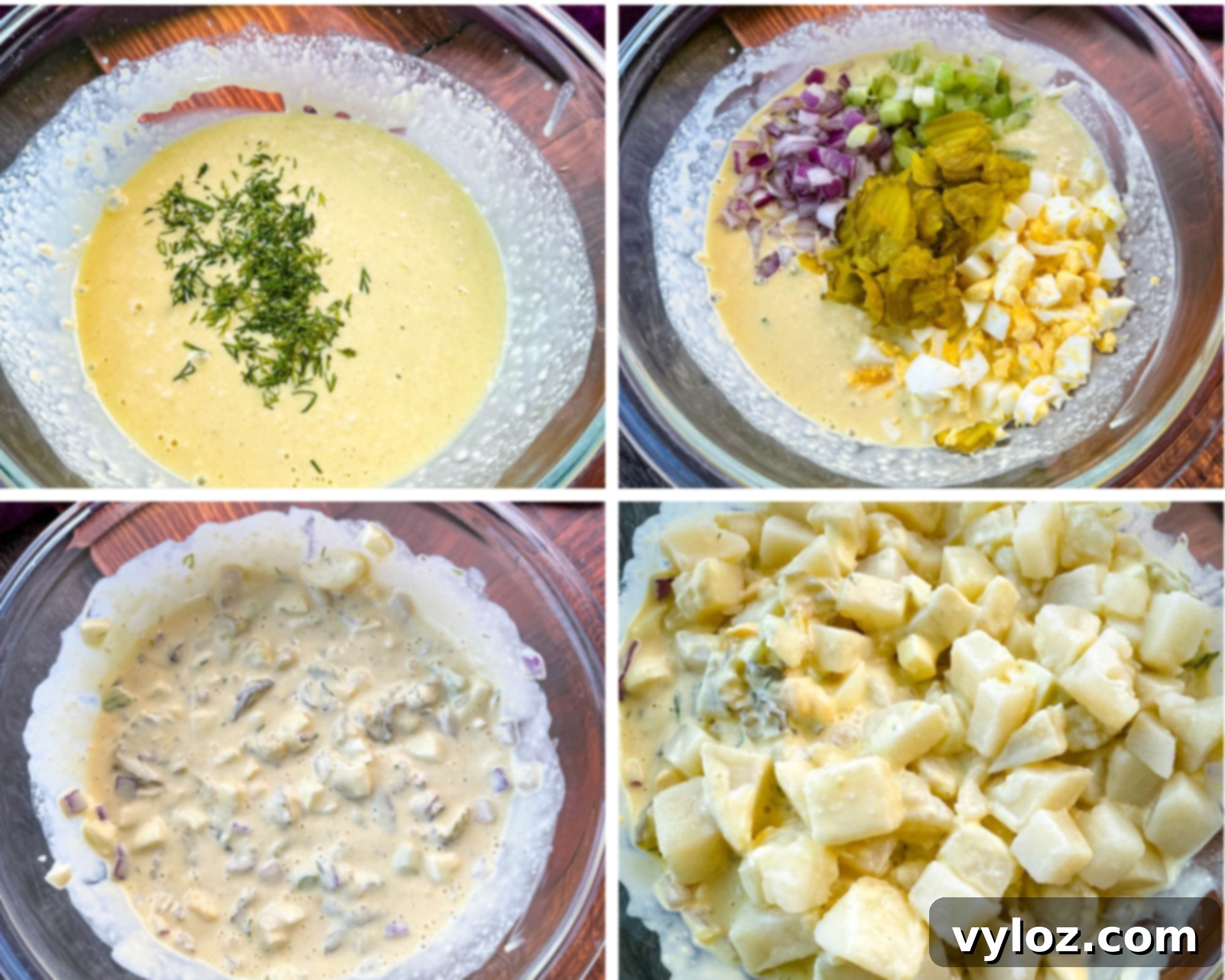 Dill-icious Creamy Potato Salad 7 A step-by-step photo collage showing the preparation of dill pickle potato salad. The first image features a creamy dressing with fresh dill in a glass bowl. The second image includes chopped red onion, celery, pickles, and hard-boiled eggs added to the dressing. The third image shows the dressing mixed with the ingredients, and the fourth image displays cubed cooked potatoes being combined with the mixture.