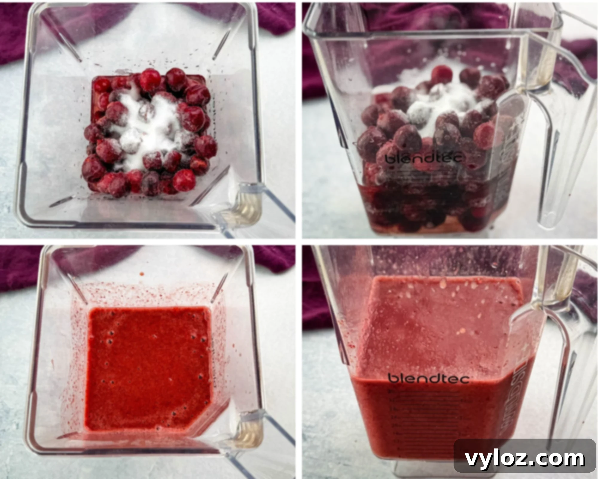 A four-step collage showing the process of making cherry slushi in a Blendtec blender. The first image features frozen cherries and sugar, the second adds liquid, the third shows the initial blend, and the fourth reveals the smooth, icy cherry slushi texture.
