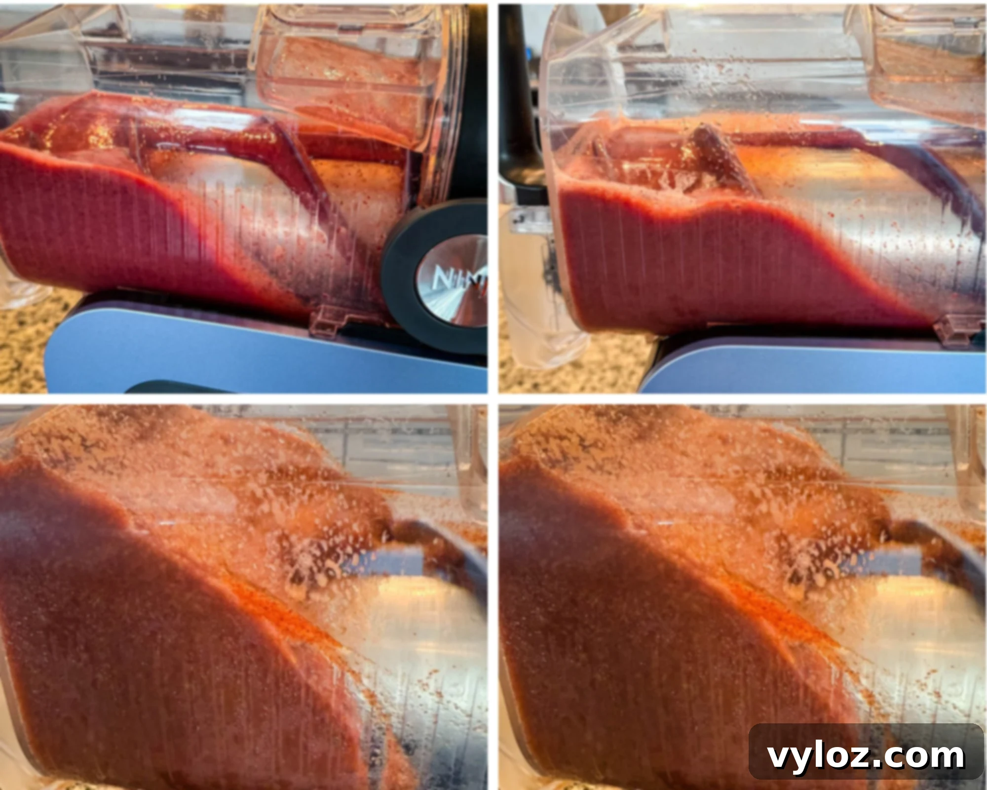 A step-by-step photo collage showing the Ninja Slushi Machine blending a cherry slushi. The images capture the transformation from liquid to a thick, icy consistency inside the machine, highlighting the texture of the frozen cherry mixture.