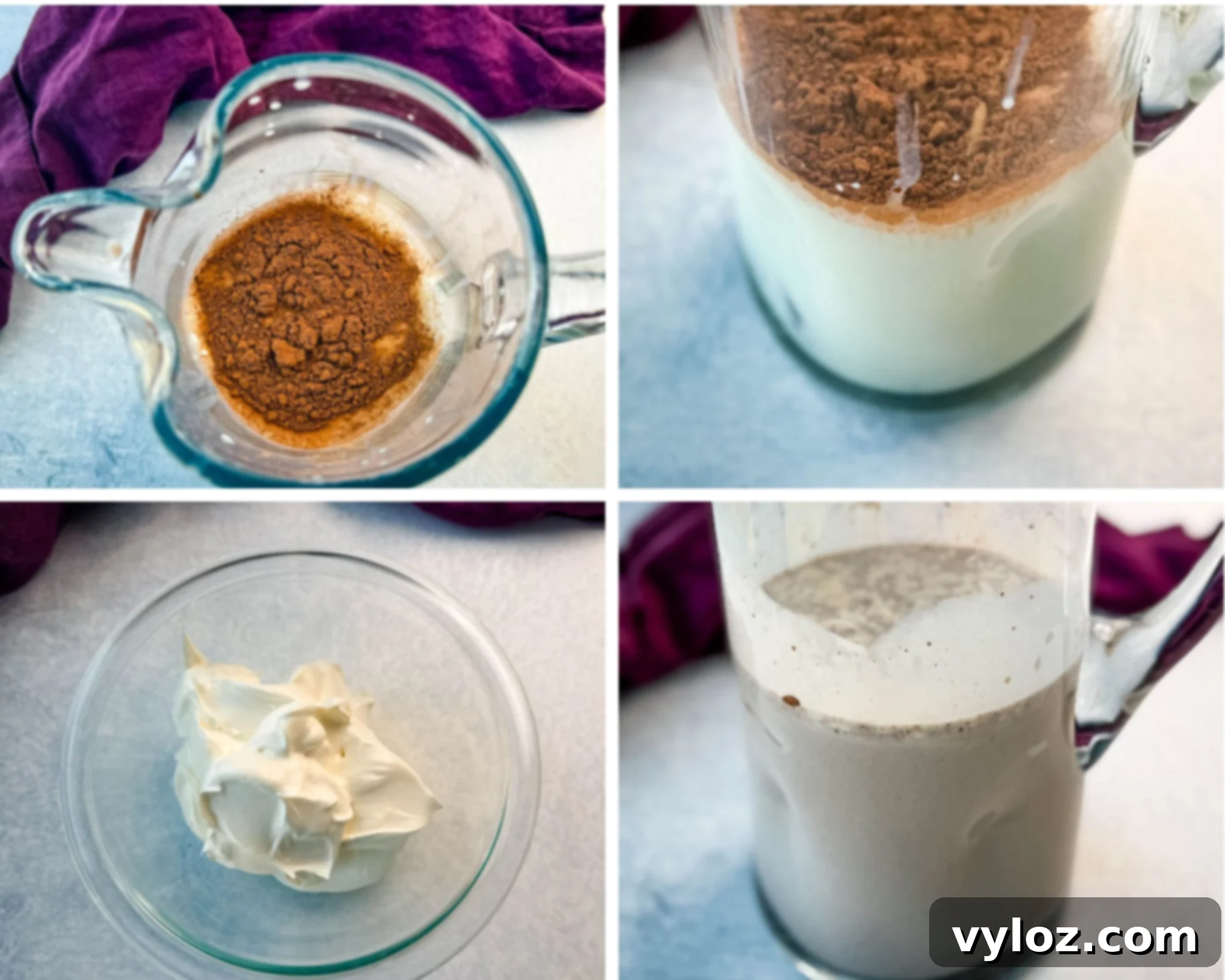 a collage of 4 images: Top-left: A glass measuring cup with cocoa powder inside. Top-right: A glass measuring cup filled with milk and cocoa powder on top Bottom-left: A glass bowl filled with a dollop of whipped topping. Bottom-right: A glass measuring cup with blended chocolate mixture.