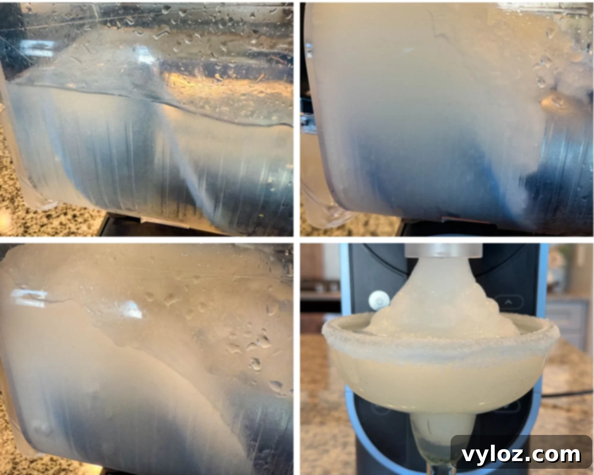 Collage of Ninja Slushi Machine Process: A collage of four images showing the Ninja Slushi Machine freezing the margarita mixture, blending it into a slushy texture, and dispensing the final frozen margarita into a glass.