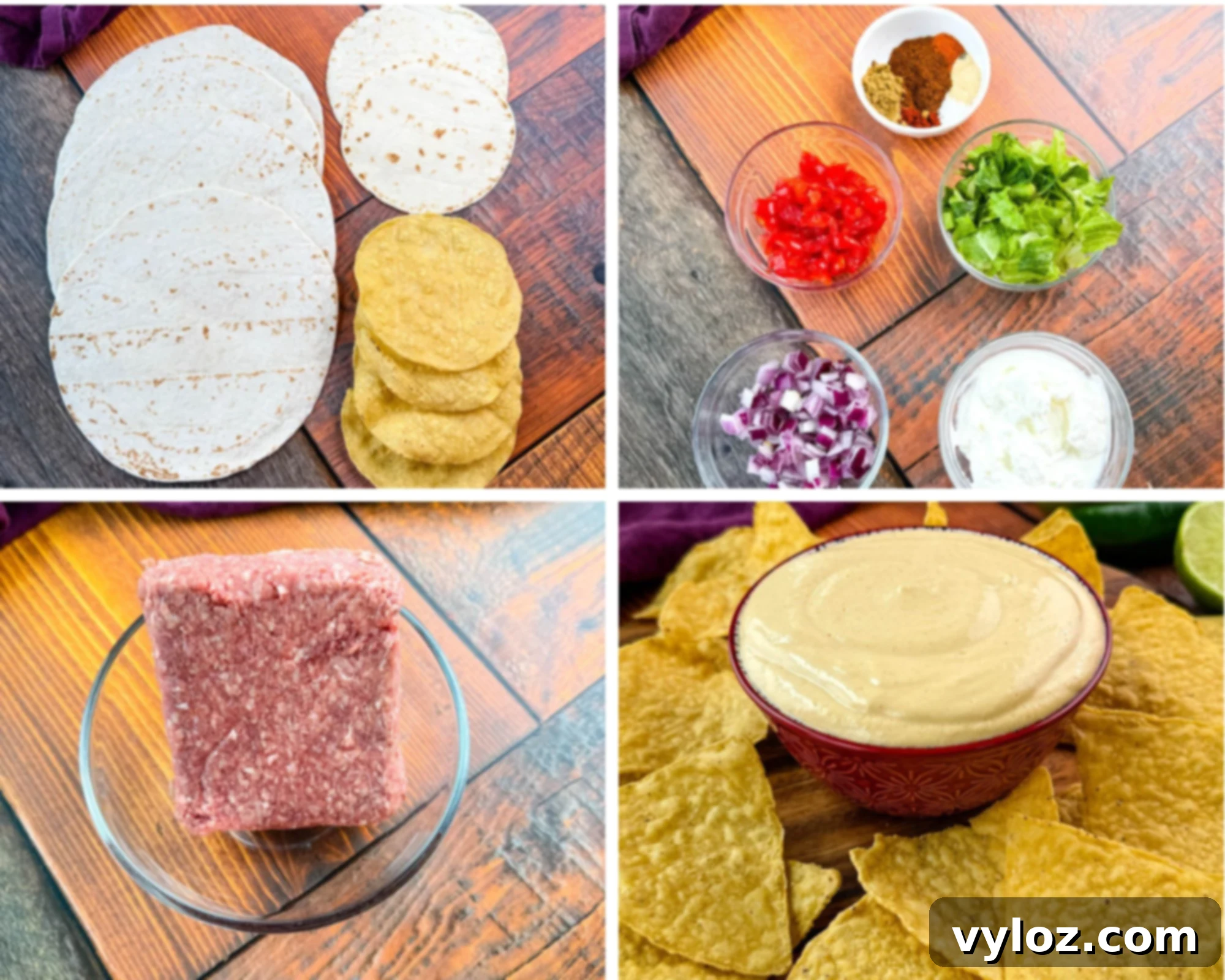 Collage of ingredients for beef and cheese crunchwrap including flour and corn tortillas, spices, chopped vegetables, ground beef, sour cream, and a bowl of nacho cheese dip.