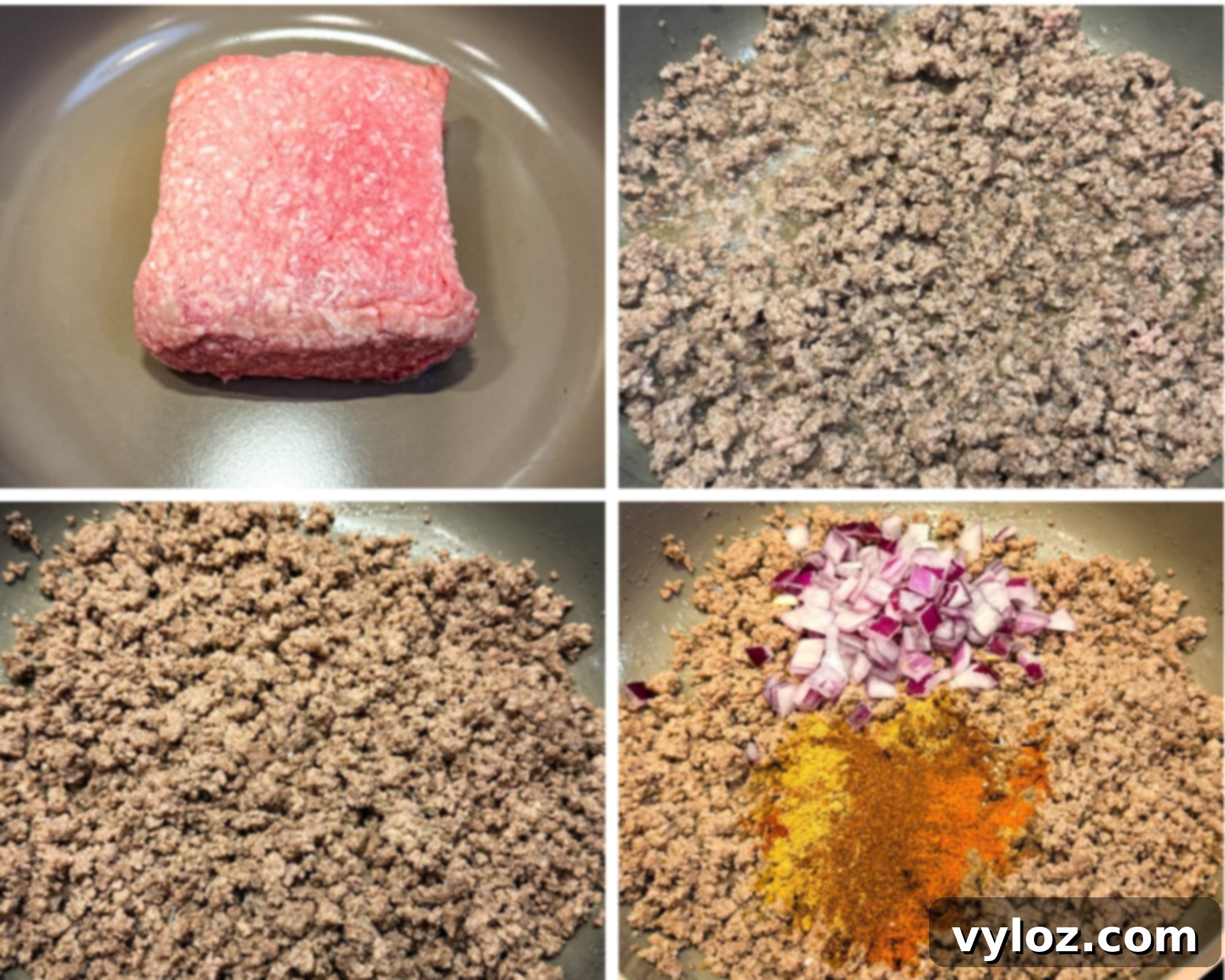 Collage showing ground beef cooking process in a skillet: raw beef, partially cooked beef, fully cooked beef, and beef mixed with chopped red onions and spices.