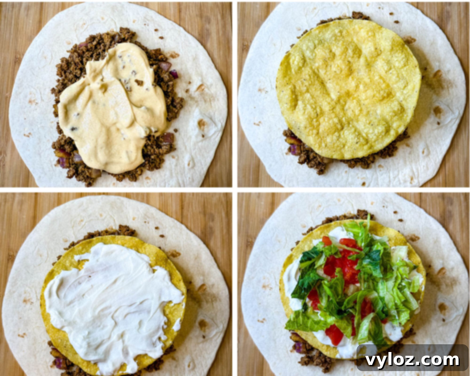 Step-by-step images showing how to assemble a beef and cheese crunchwrap, layering ground beef, cheese sauce, a tostada shell, sour cream, and lettuce and tomatoes on a flour tortilla.