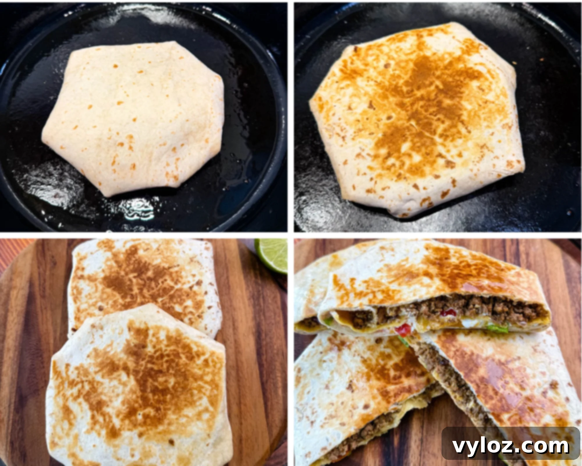 Collage showing crunchwraps being toasted in a skillet, then served golden brown on a wooden board and sliced to reveal the beef and cheese filling.
