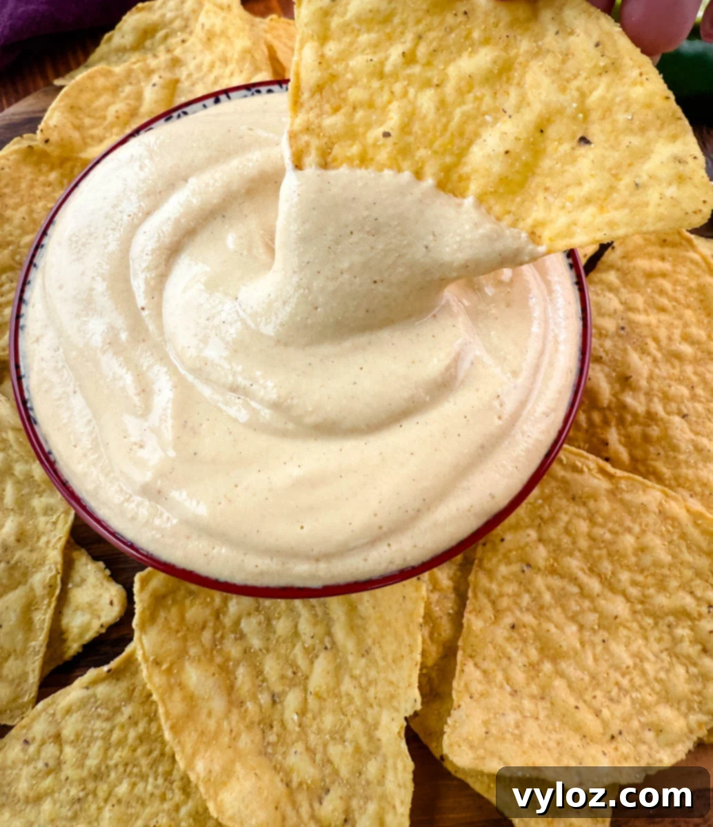 Protein-Packed Queso Dip 2 A close-up of a tortilla chip being dipped into a bowl of smooth, creamy high-protein queso made with cottage cheese, garnished with fresh cilantro and a lime wedge.