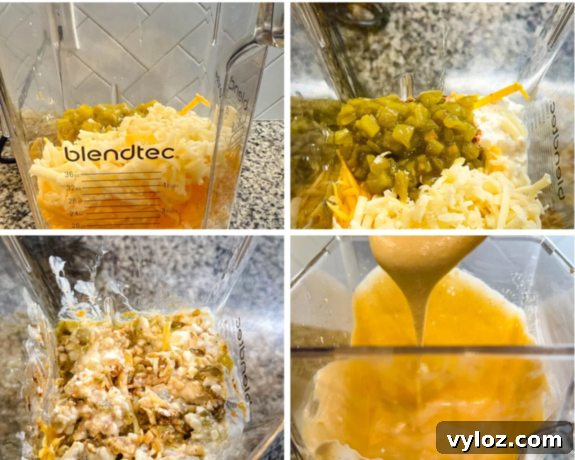 Protein-Packed Queso Dip 4 Step-by-step collage showing cheese mixture prep for high-protein queso dip. Top left: blender filled with shredded cheese and green chiles. Top right: close-up of green chiles on top of cheese in blender. Bottom left: all ingredients added to blender, including cottage cheese and seasonings. Bottom right: smooth, creamy cheese mixture being poured inside the blender jar.