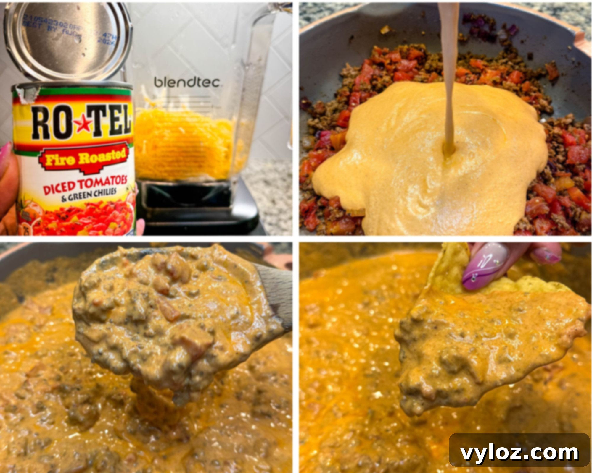 Protein-Packed Queso Dip 7 Step-by-step collage showing ingredients and cooking process for high-protein queso dip. Top left: can of Ro-Tel diced tomatoes with a blender full of shredded cheese. Top right: creamy cheese mixture being poured over ground beef and tomatoes in a skillet. Bottom left: a spoonful of thick, cheesy dip held over a bubbling skillet. Bottom right: a tortilla chip dipped into the cheesy, meaty queso.