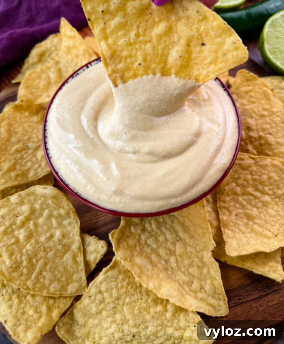 Protein-Packed Queso Dip 9 Top-down view of a chip scooping thick and velvety queso dip from a red-rimmed bowl, surrounded by tortilla chips.
