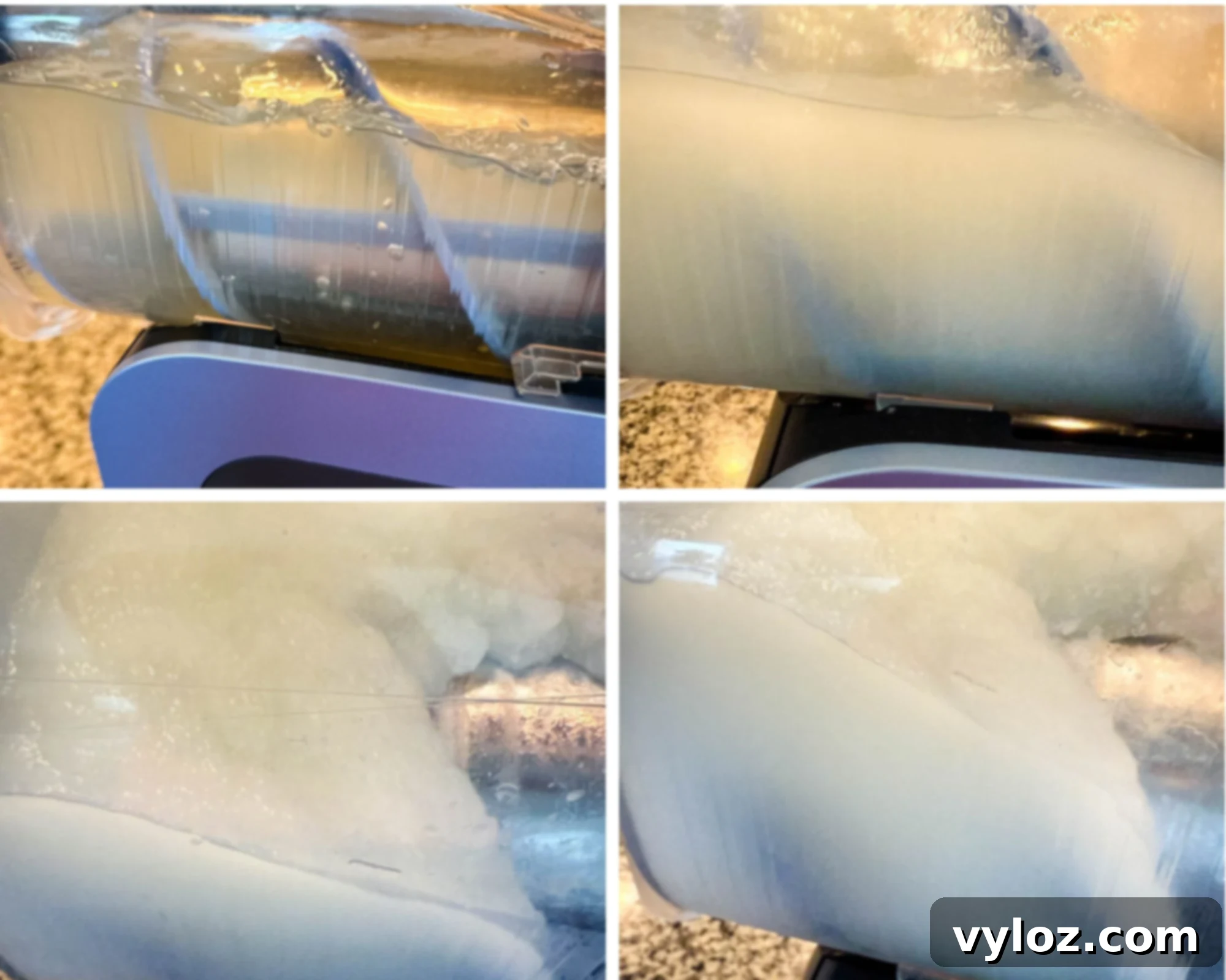 A 4-panel collage showing lemonade freezing and thickening in the Ninja Slushi machine. The liquid gradually transforms into a smooth, frosty slush with a pale, icy appearance.