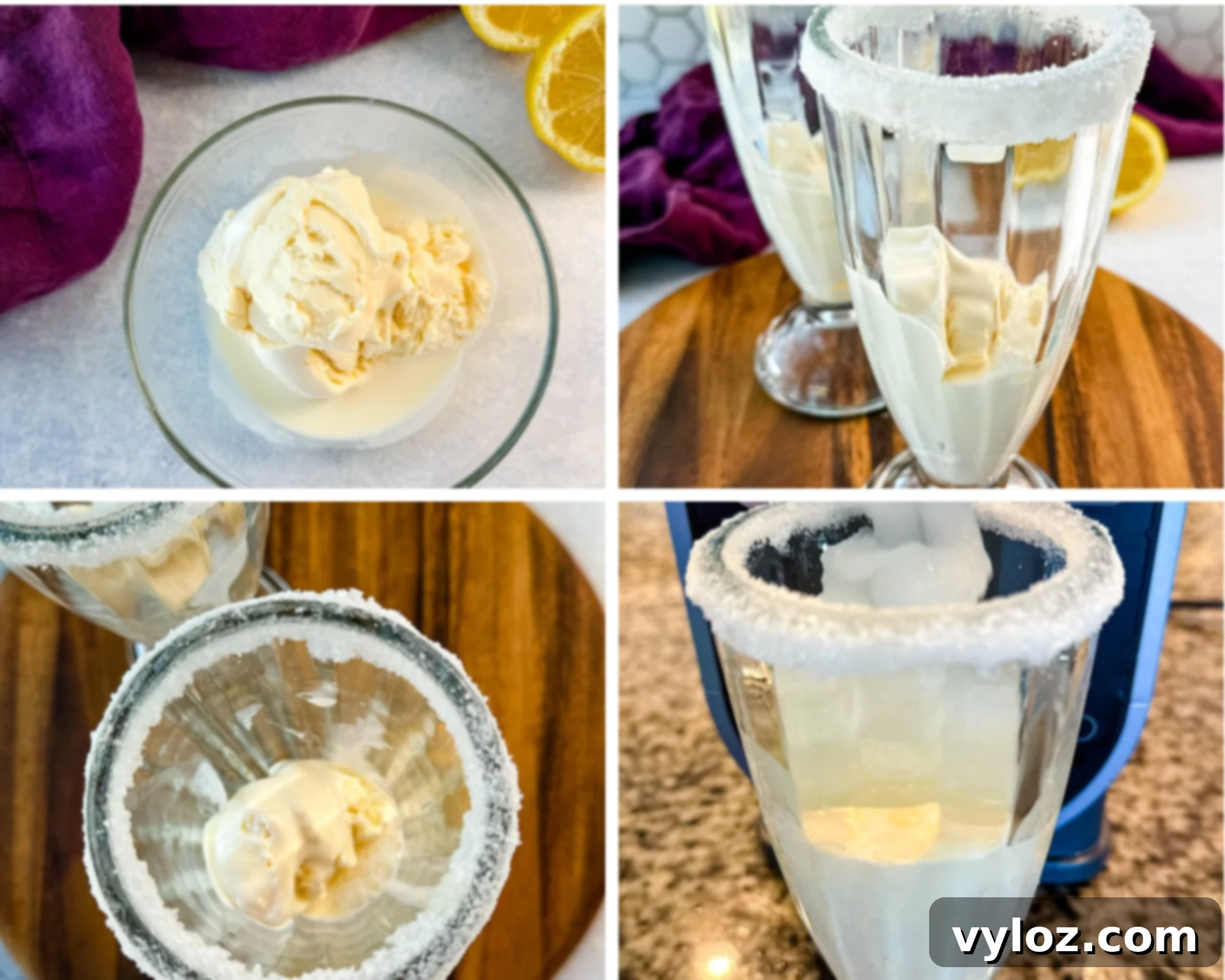 4-panel collage showing steps to make frosted lemonade. Includes a bowl of vanilla ice cream, glasses with sugared rims and ice cream inside, and the slush mixture being poured into the glasses.