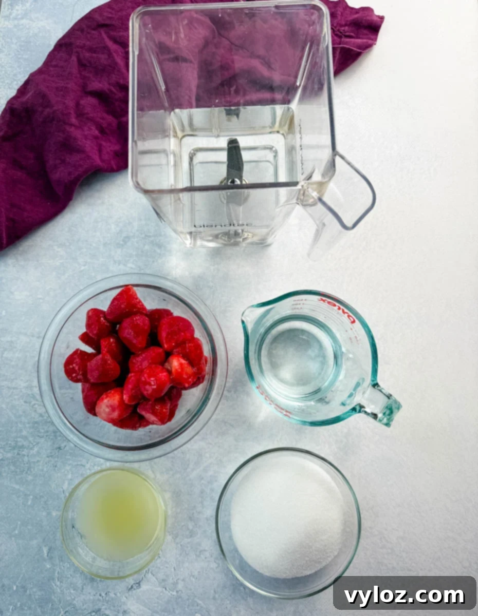 Overhead view of ingredients for strawberry daiquiris arranged around an empty Blendtec blender. Includes a bowl of frozen strawberries, a measuring cup of water, a small bowl of lime juice, and a bowl of granulated sugar. A deep purple cloth adds contrast in the background.