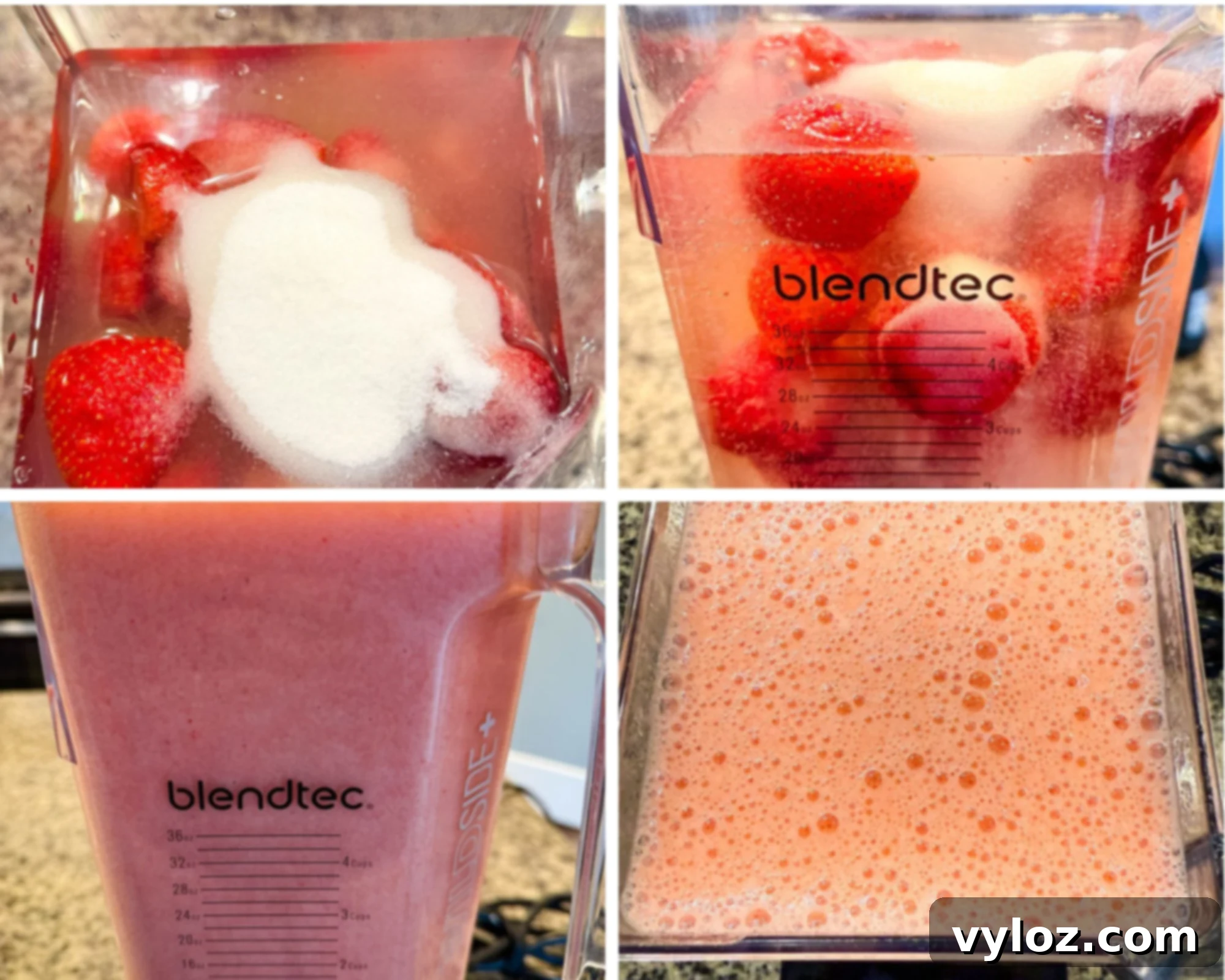 A 4-panel collage of the daiquiri mixture being prepared in a Blendtec blender. Top left shows frozen strawberries, sugar, and liquid in the blender. Top right shows the ingredients starting to blend. Bottom left shows a fully blended pink mixture. Bottom right is a top-down view of the frothy, bubbly blend.