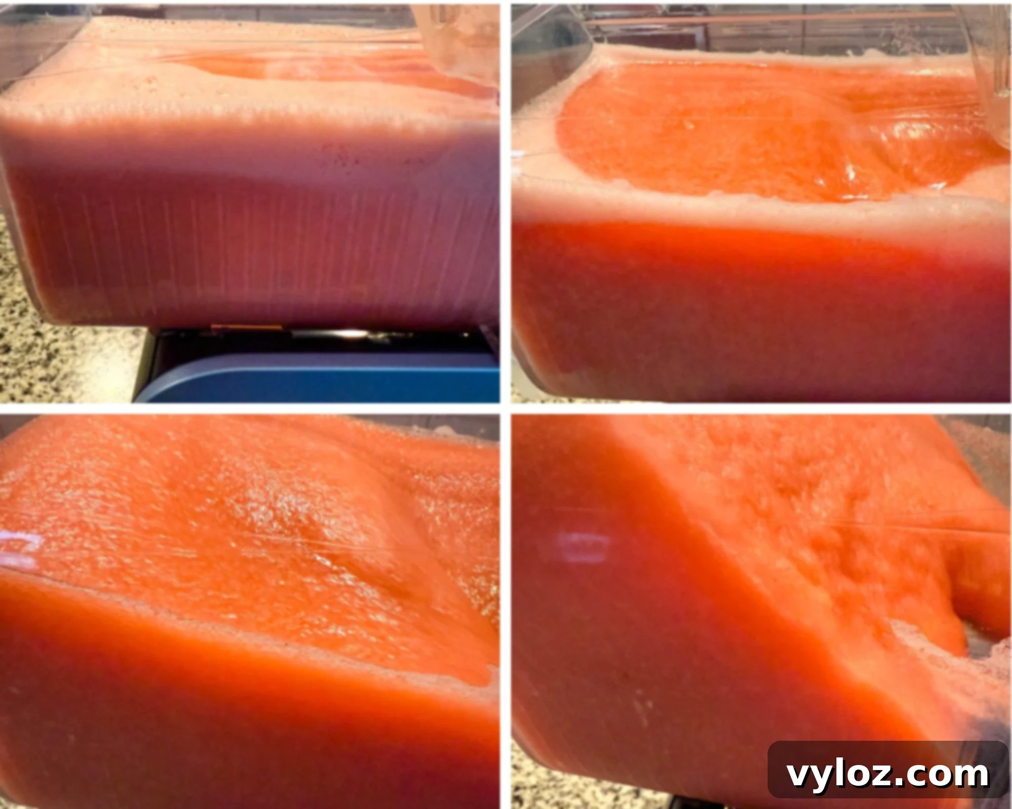 A 4-panel collage showing a strawberry daiquiri mixture inside a Ninja Slushi machine at various stages of freezing. The mixture is a vibrant red-pink color, gradually thickening into a smooth, frozen texture.