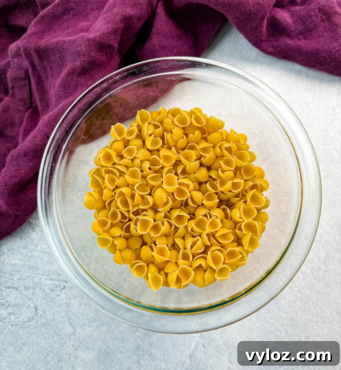 dry macaroni pasta shells in a glass bowl