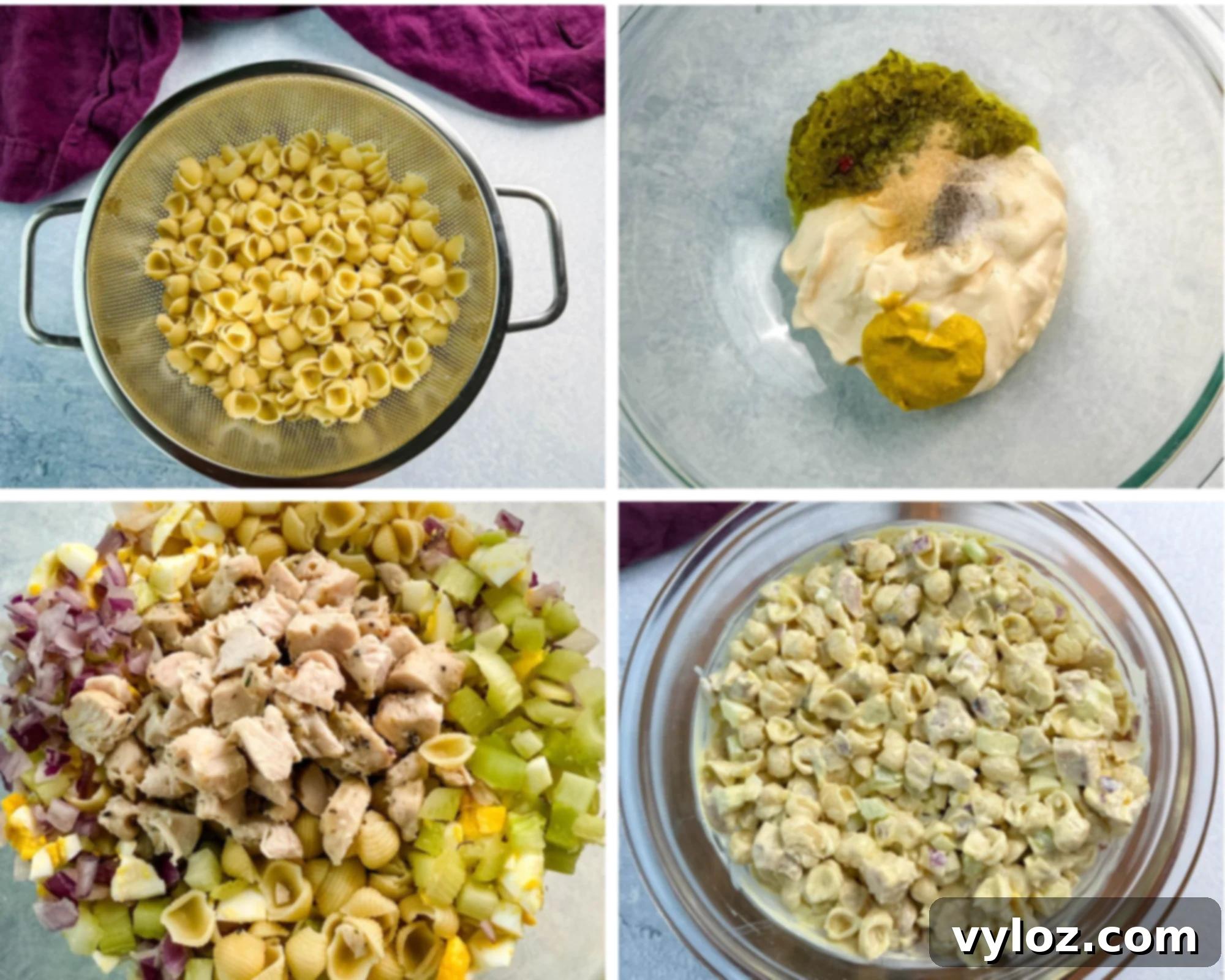 Four-step photo collage showing the process of making chicken macaroni salad: cooked shell pasta in a colander, a bowl with mayo, relish, mustard, and spices, chopped chicken and vegetables added to the pasta, and the final mixed salad in a glass bowl.