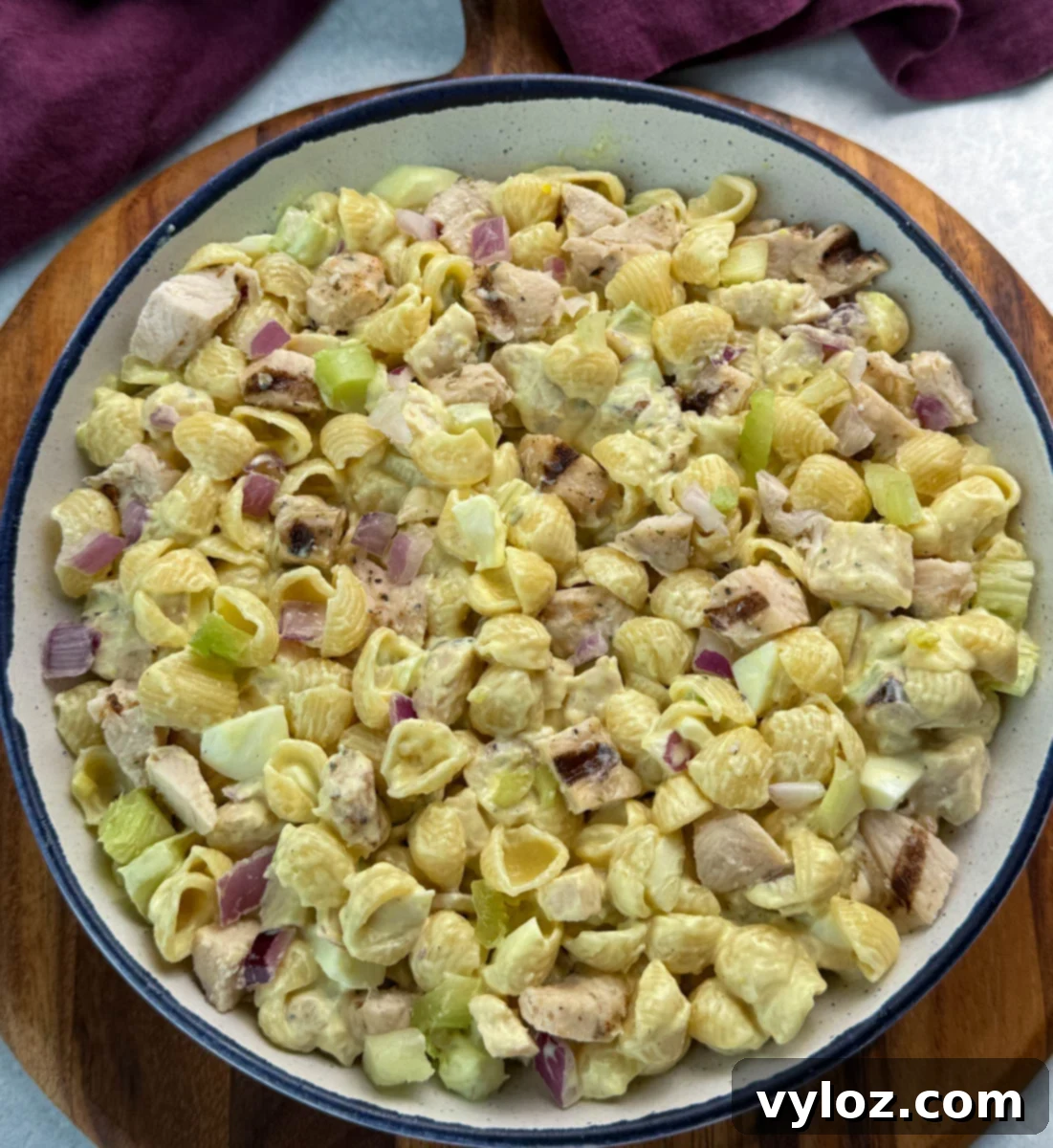Overhead shot of a large bowl filled with chicken macaroni salad, featuring shell pasta, diced red onion, celery, boiled egg, and grilled chicken.