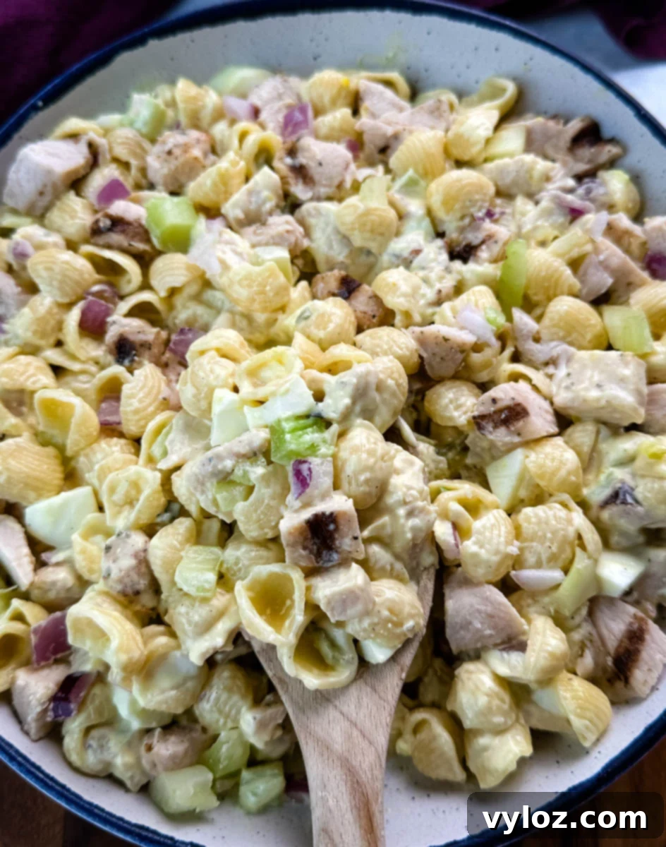 Overhead image of a bowl filled with creamy chicken macaroni salad made with shell pasta, red onion, celery, and chopped grilled chicken. A wooden spoon is scooping some of the salad.