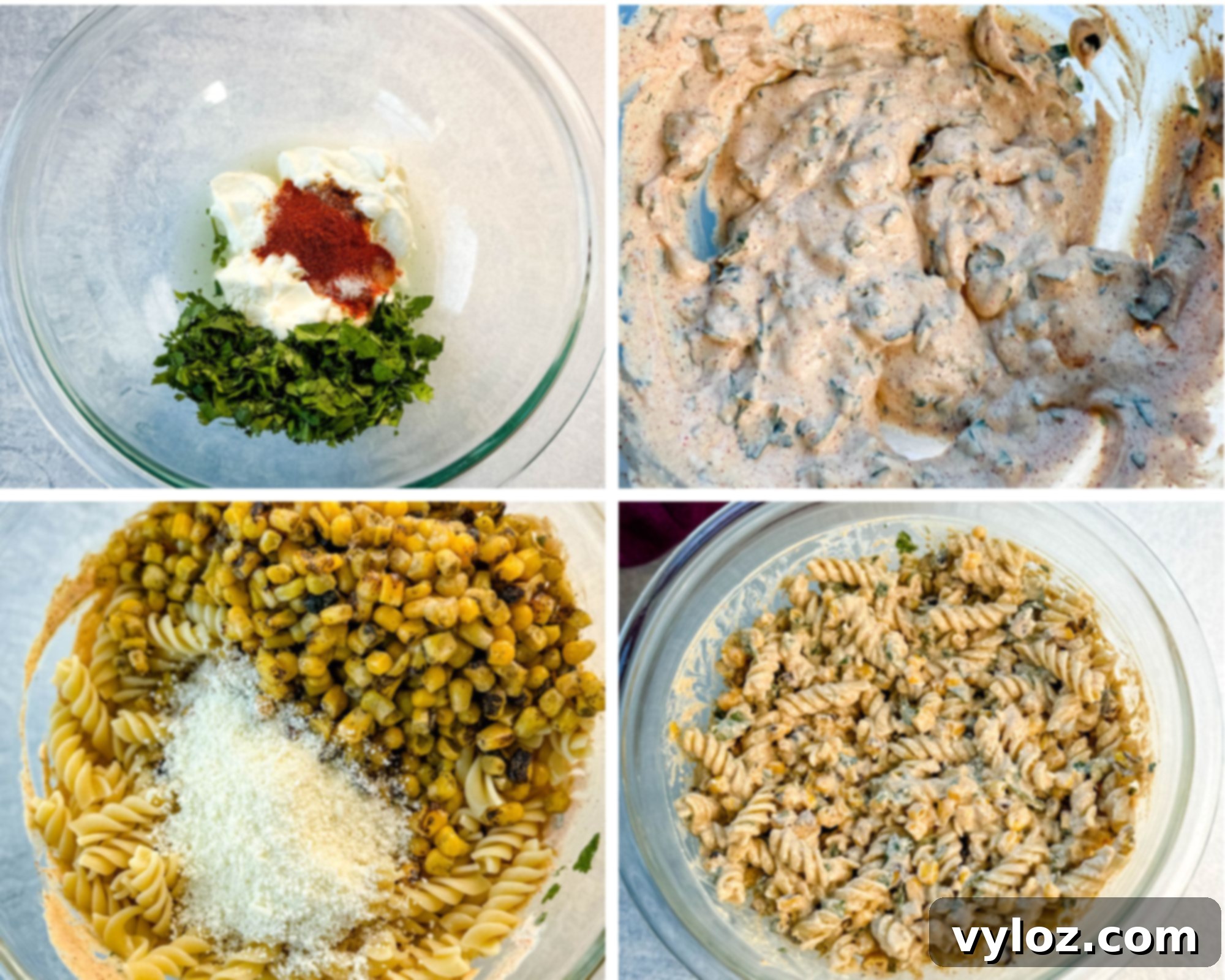 Four-photo collage showing the process of making street corn pasta salad: ingredients in a bowl (cream cheese, sour cream, cilantro, spices), the creamy dressing mixed, corn and cheese added to pasta, and final tossed pasta salad.
