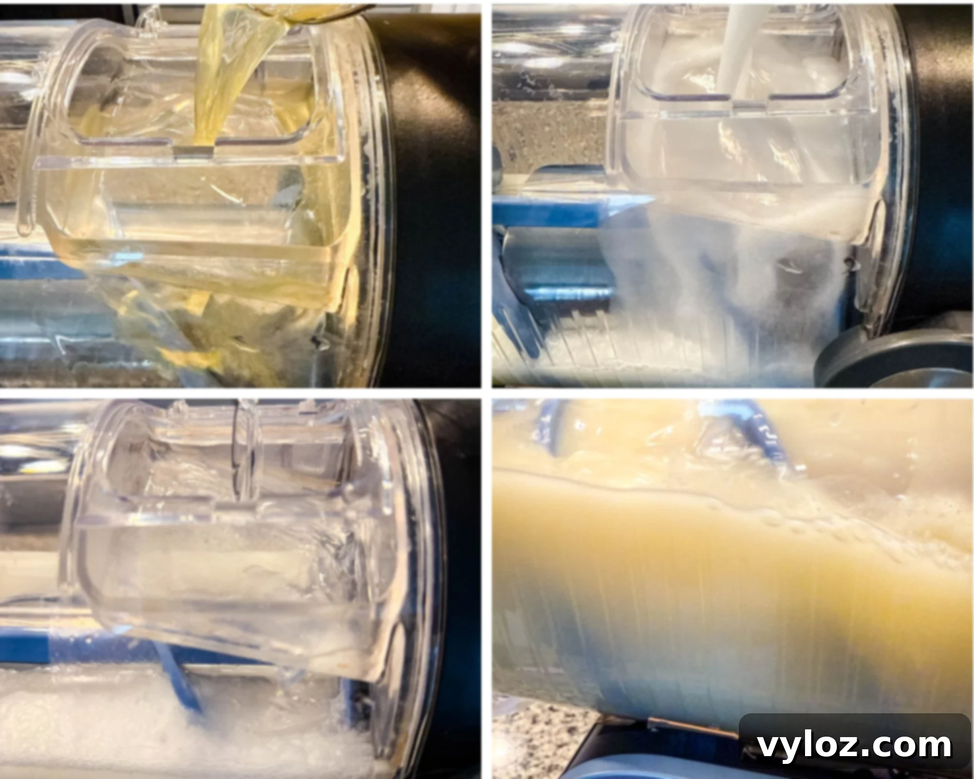 Step-by-step collage showing pineapple juice, cream of coconut, and water being added to the Ninja Slushi machine, followed by the slush forming.
