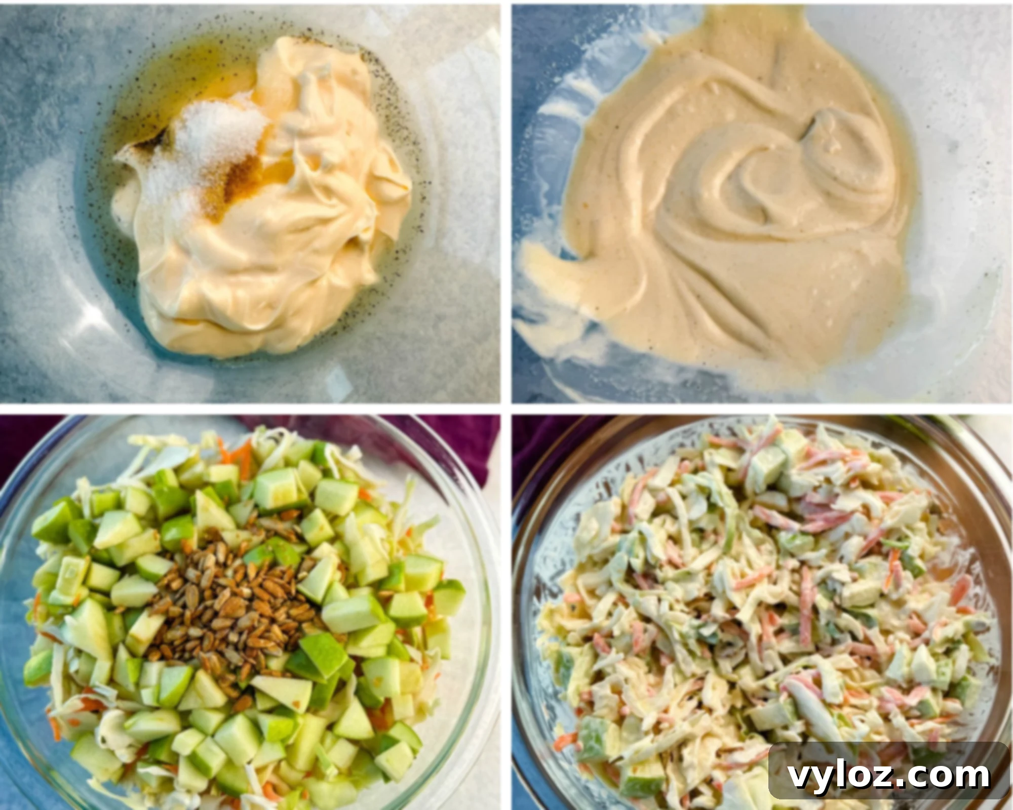 Creamy Apple Crunch Slaw 4 Four-photo collage showing steps to make creamy apple coleslaw: mayo, vinegar, sugar, and seasoning in a bowl; whisked dressing; coleslaw mix with diced apples and sunflower seeds; and finished coleslaw fully mixed.