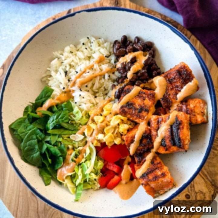 Snatched Summer Body Meal Plan 9 Healthy Salmon Rice Bowl with black beans and spicy cream sauce