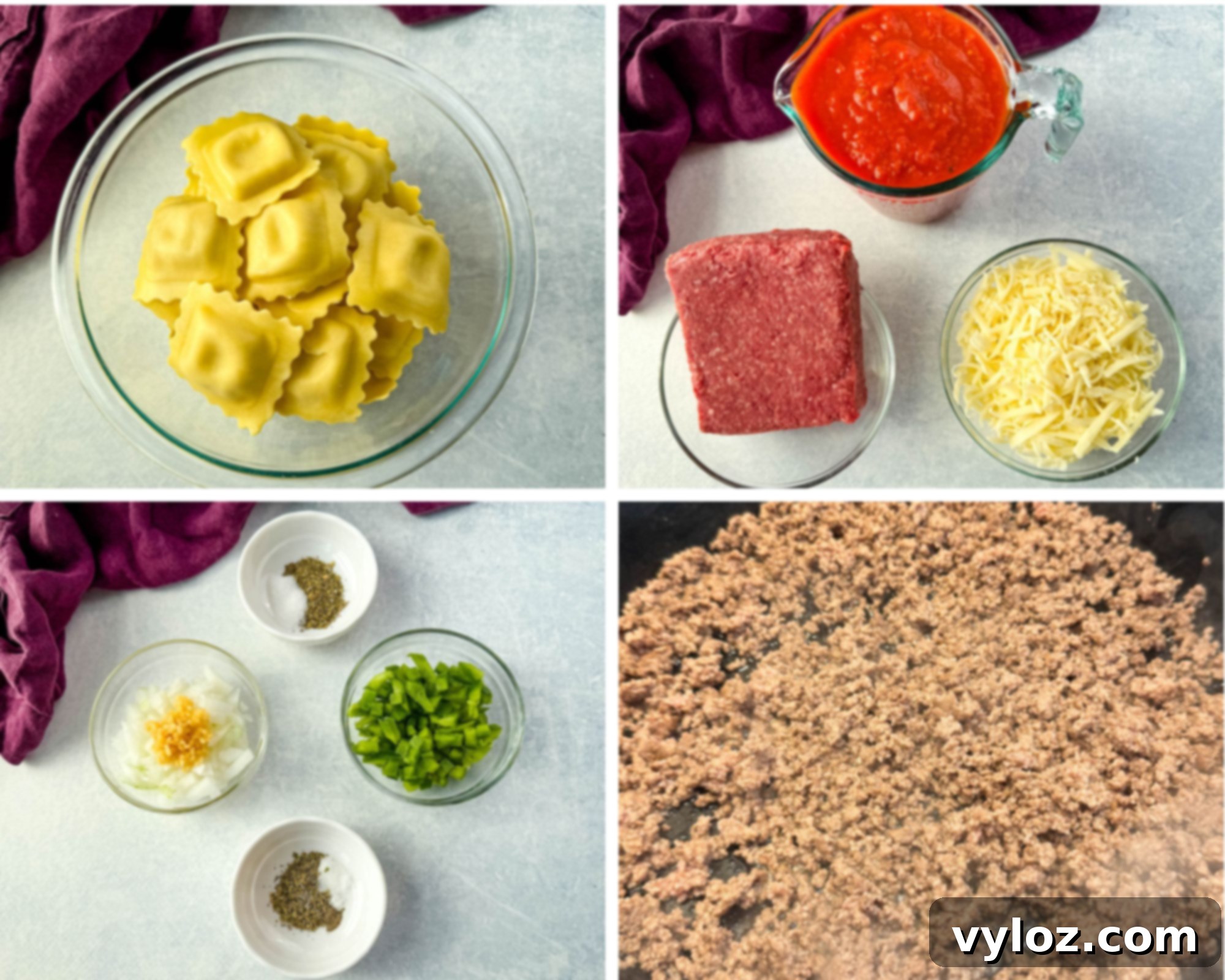 Step-by-step photo collage of a ravioli lasagna recipe. Top left shows uncooked cheese ravioli in a bowl. Top right displays ground beef, shredded cheese, and marinara sauce. Bottom left includes chopped onions, green peppers, and seasonings. Bottom right shows ground beef browning in a skillet.