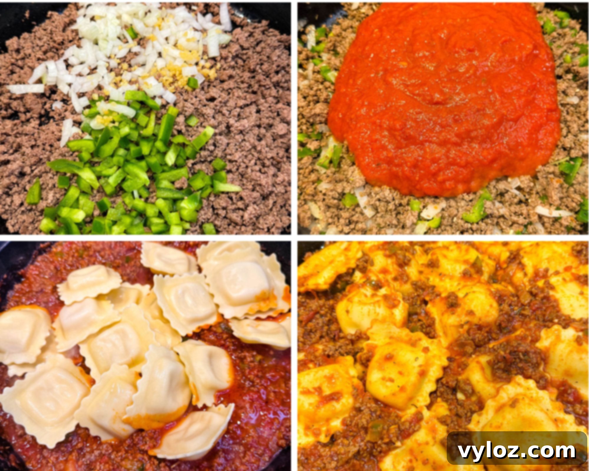 Cooking process collage for ravioli lasagna. Images show sautéed beef with onions and peppers, marinara sauce added to the skillet, ravioli mixed into the meat sauce, and the final cheesy beef and ravioli mixture in the pan.