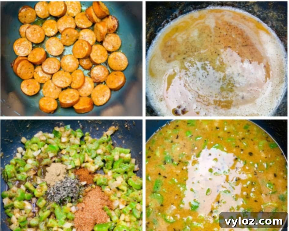 4 collage photos of sausage cooking in an Instant Pot, roux for gumbo, and chopped vegetables in an Instant Pot