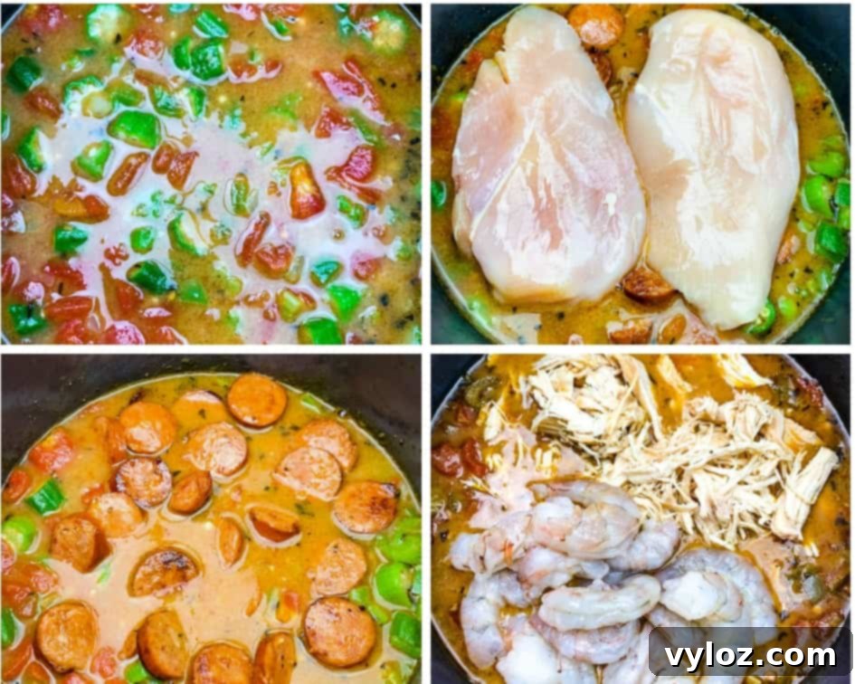 collage photo of 4 photos of chicken breasts in an Instant Pot for gumbo