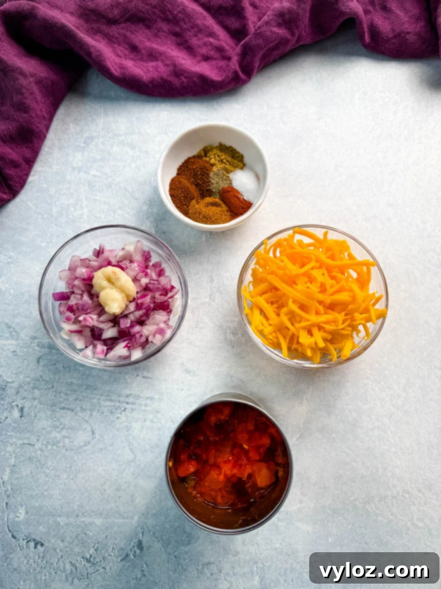 Savory Taco Potatoes 4 Flat lay of prepared ingredients: diced red onion, minced garlic, shredded cheddar cheese, canned diced tomatoes with chilies, and a bowl of taco seasoning.