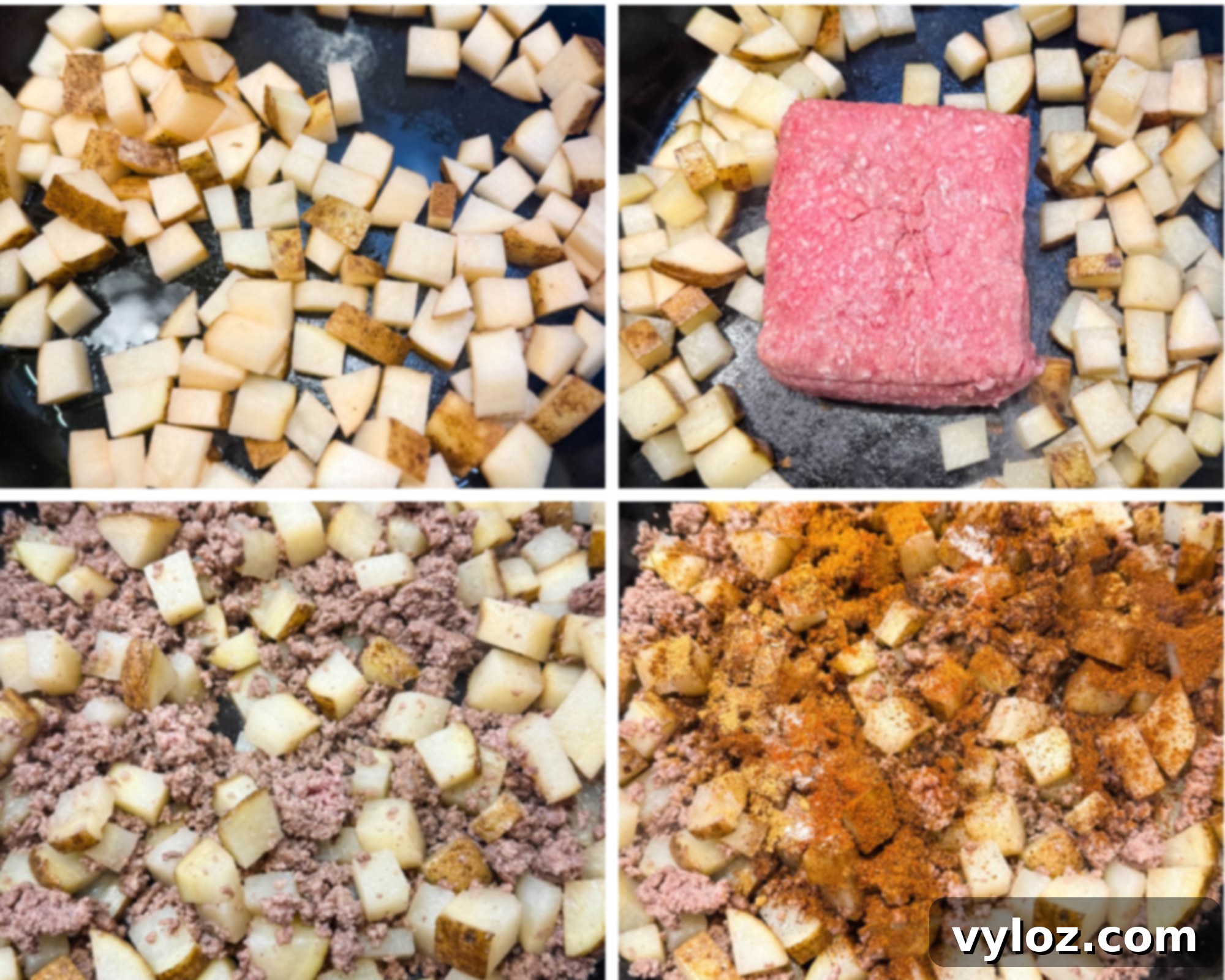 Savory Taco Potatoes 5 Collage of early cooking stages: potatoes sautéing in a skillet, ground beef added, partially cooked mixture, and seasoning being added over the meat and potatoes.