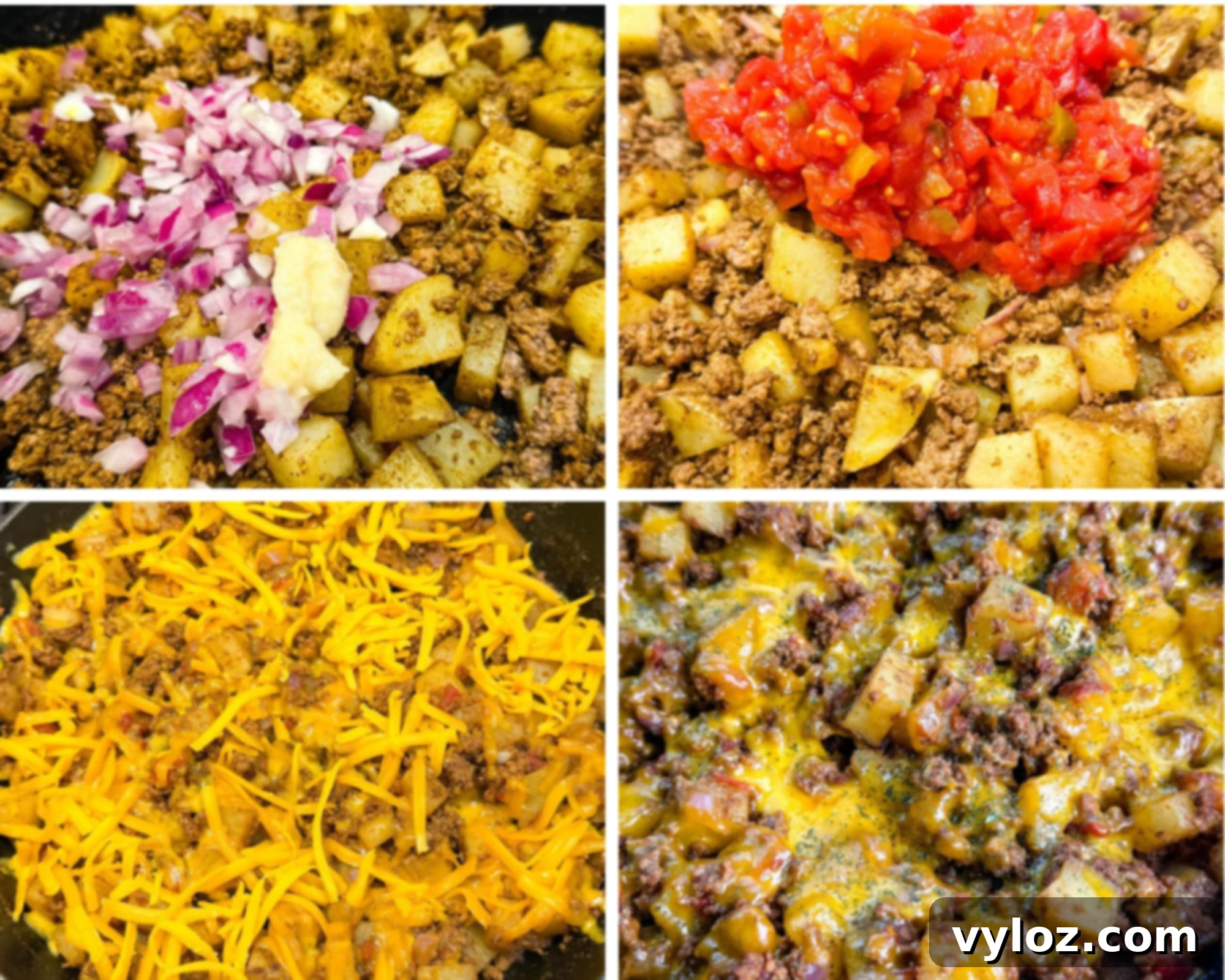 Savory Taco Potatoes 6 Step-by-step collage showing ground meat and potatoes being cooked with red onions, garlic, diced tomatoes, shredded cheese, and melted into a cheesy skillet mixture.