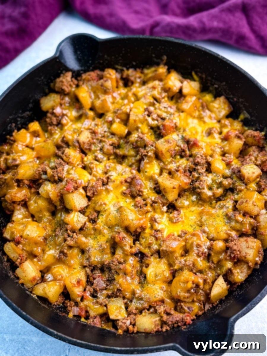 Savory Taco Potatoes 8 Cheesy, golden taco potatoes and seasoned ground meat cooked in a large black cast iron skillet, garnished with herbs and ready to serve.
