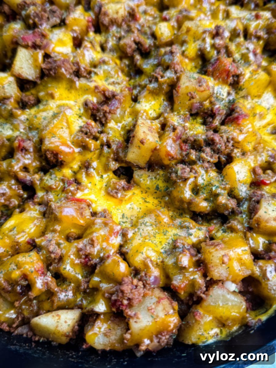 Savory Taco Potatoes 9 Extreme close-up of cheesy taco potatoes with ground beef, diced tomatoes, and melted cheddar, garnished with herbs in a cast iron skillet.