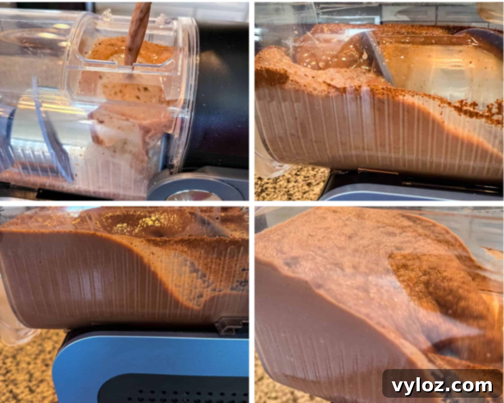 Four-panel collage showing the Ninja Slushi machine in action making a chocolate milkshake mixture, with thick chocolate liquid swirling and freezing inside the container.