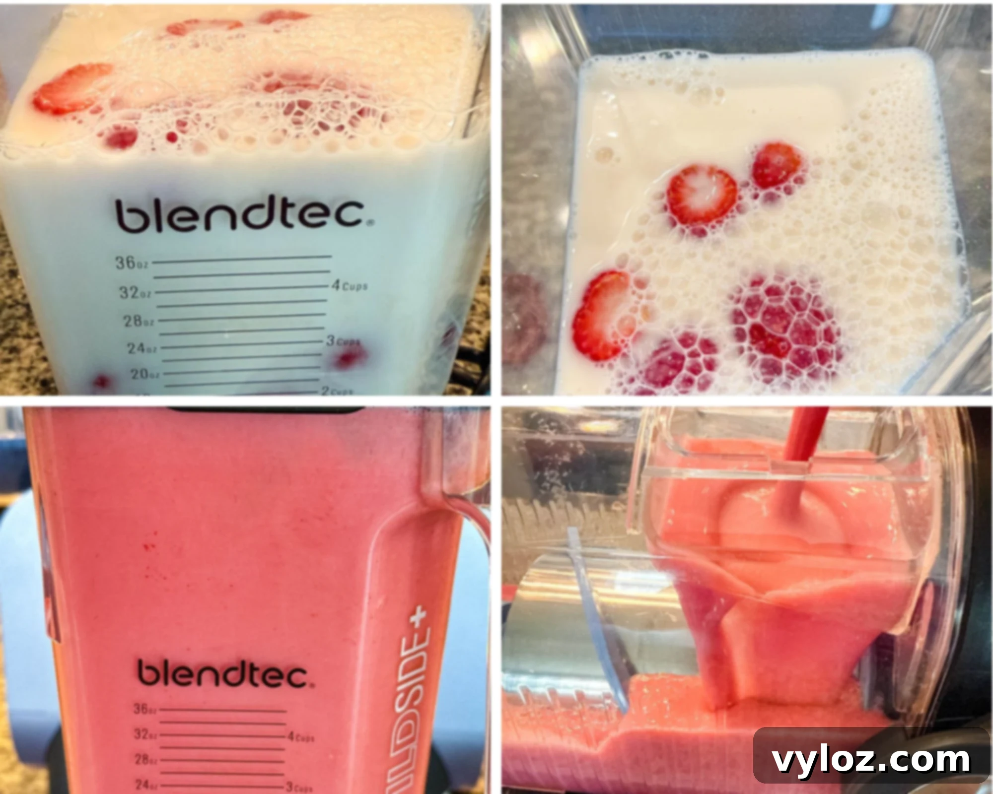 Ninja Slushi Strawberry Burst 5 Top Left: A Blendtec blender filled with milk and whole strawberries, bubbles forming at the top of the liquid. Top Right: A close-up of strawberries floating in milk inside the blender pitcher, before blending. Bottom Left: The blended pink strawberry milkshake mixture in the Blendtec pitcher, completely smooth and creamy. Bottom Right: The frozen pink milkshake mixture being dispensed from the Ninja Slushi machine, pouring smoothly into the container.
