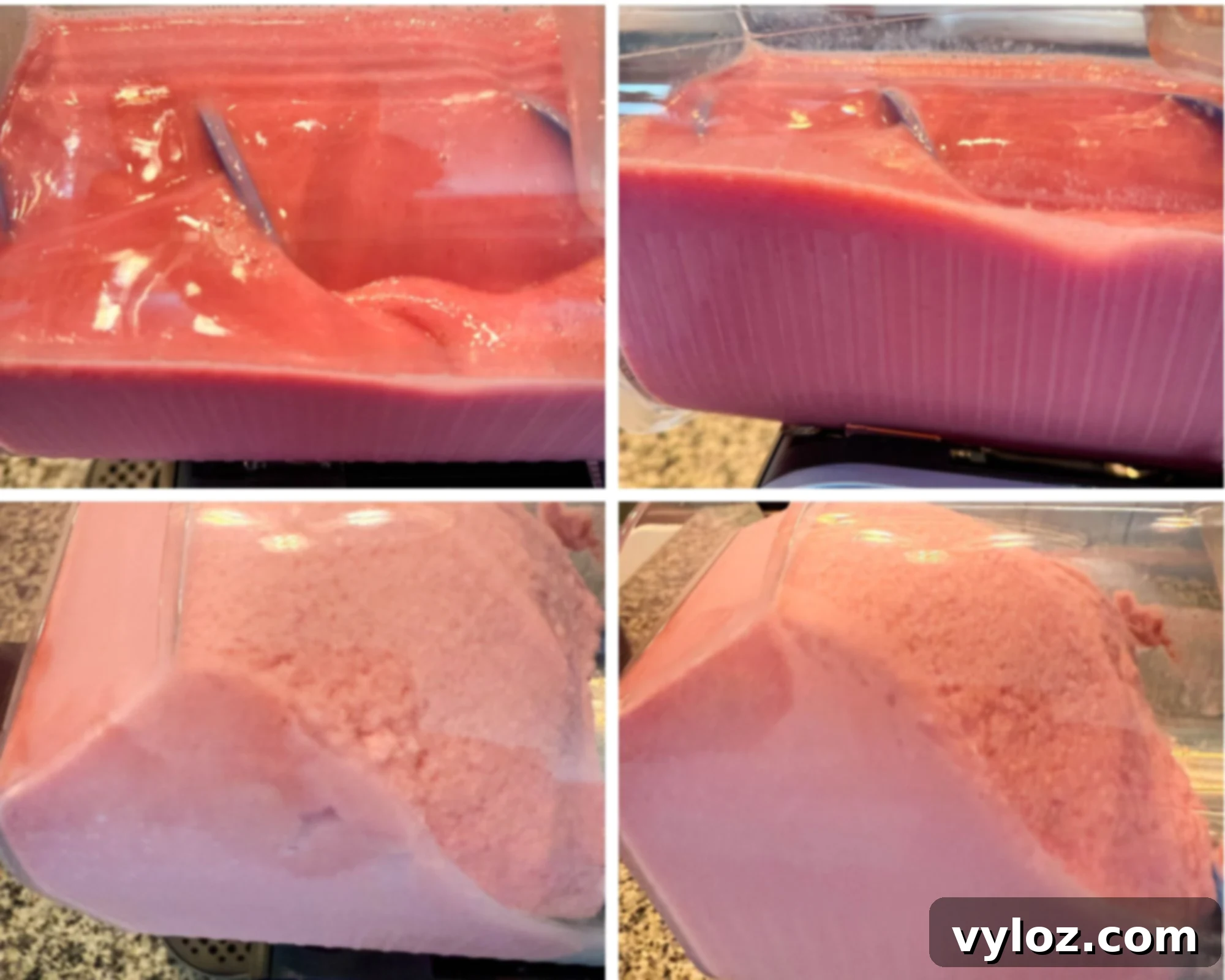 Ninja Slushi Strawberry Burst 6 Top Left: A view inside the Ninja Slushi machine showing a thick pink strawberry milkshake mixture in a semi-frozen state with a metal mixing blade. Top Right: A close-up side view of the strawberry milkshake mixture before fully freezing, showing its smooth and liquid texture against the clear container walls. Bottom Left: The mixture has begun to freeze, becoming lighter and fluffier in texture, starting to form a slushy consistency. Bottom Right: A nearly frozen, fluffy pink milkshake mixture has formed a mound inside the Ninja Slushi machine, ready for dispensing.