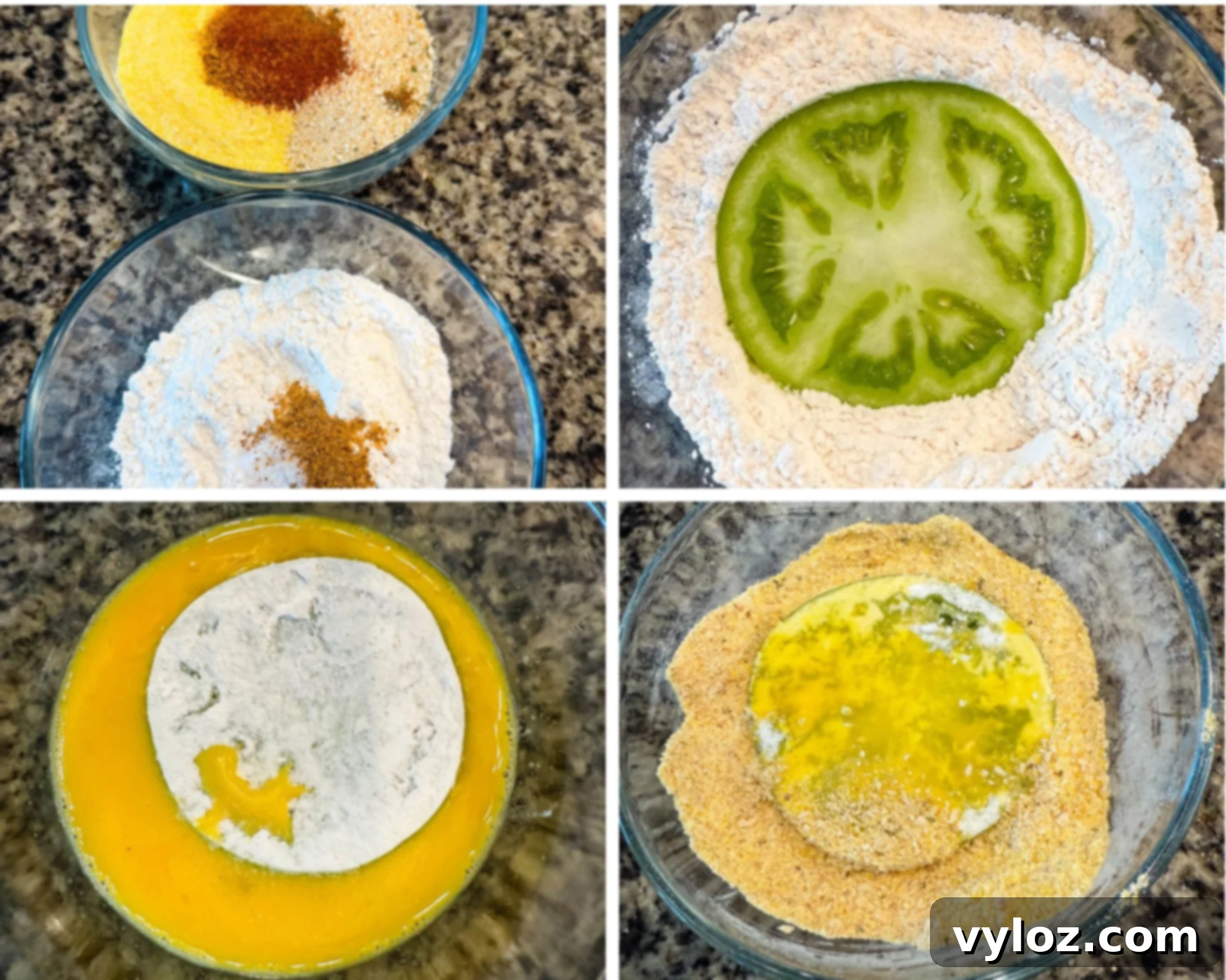 Southern Charm in Every Slice 5 Four-step collage showing how to bread green tomatoes—dipping into flour, egg wash, and then cornmeal-breadcrumb mixture with spices.